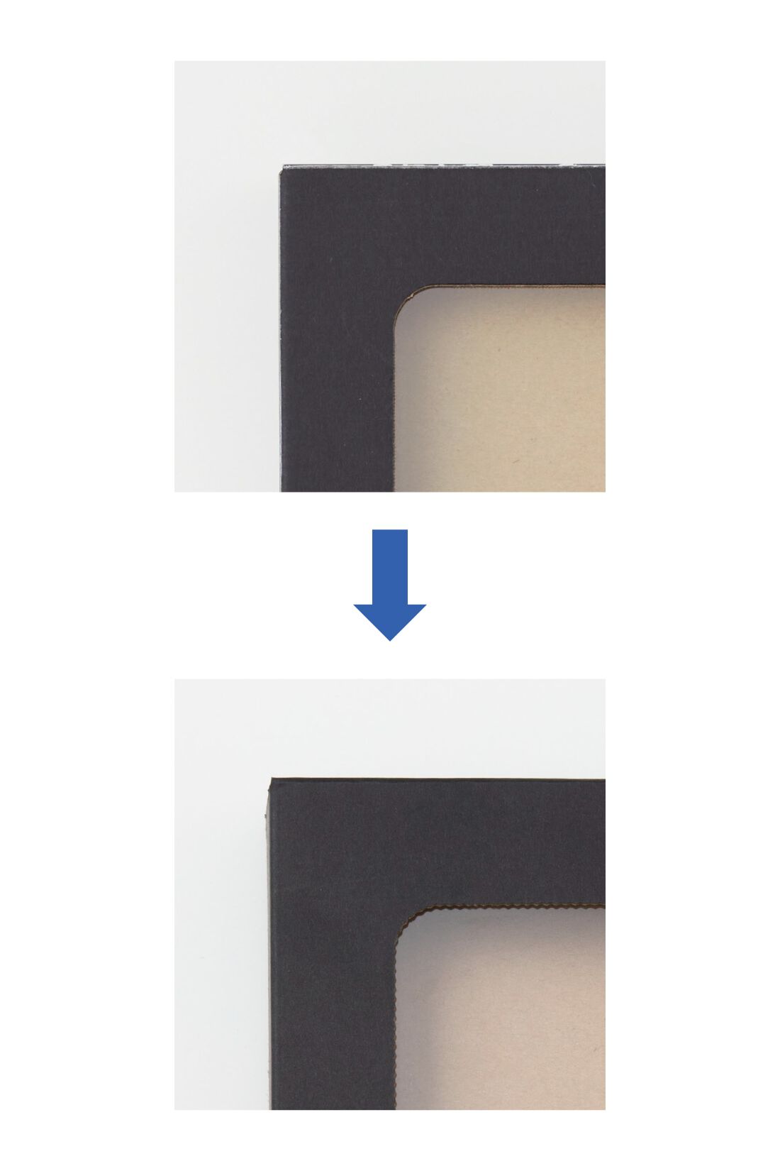 OSYAIRO|OSYAIRO  推しを飾って収納できるTフレーム〈ブラック〉10個セット|枠のなみなみ具合はこんな感じ。 写真上：まっすぐカットされた枠　写真下：なみなみカットされた枠