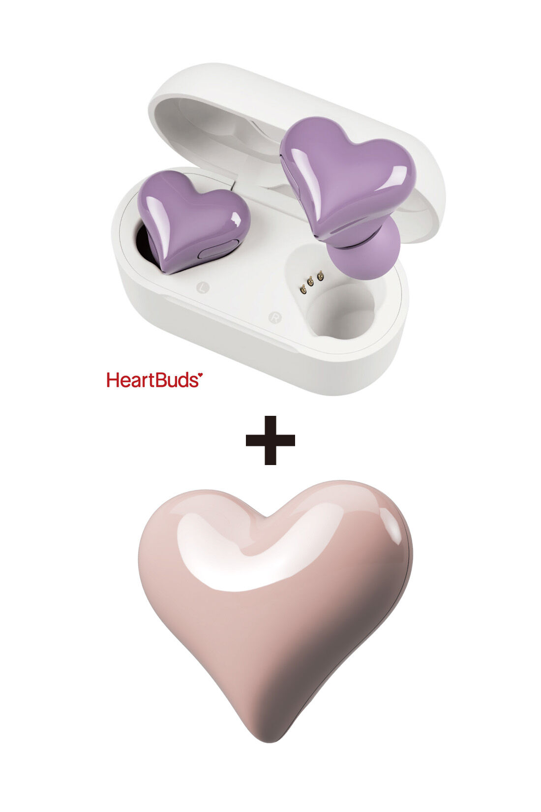 OSYAIRO|HeartBudsイヤホン〈パープル〉＆チャージャー〈ピンク〉セット|ワイヤレスイヤホンとチャージャー（充電器）のセットです。
