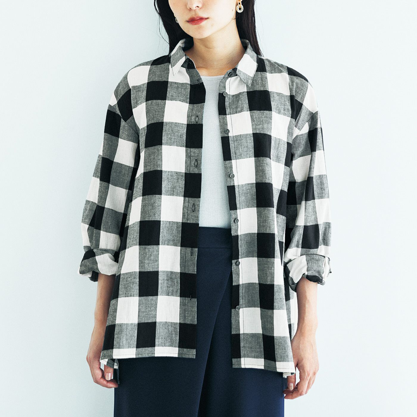 el:ment［エルメント］|el：ment　播州織の風合いを愉（たの）しむ　ギンガムチェックのバックタック入りAライン羽織（はお）りシャツ