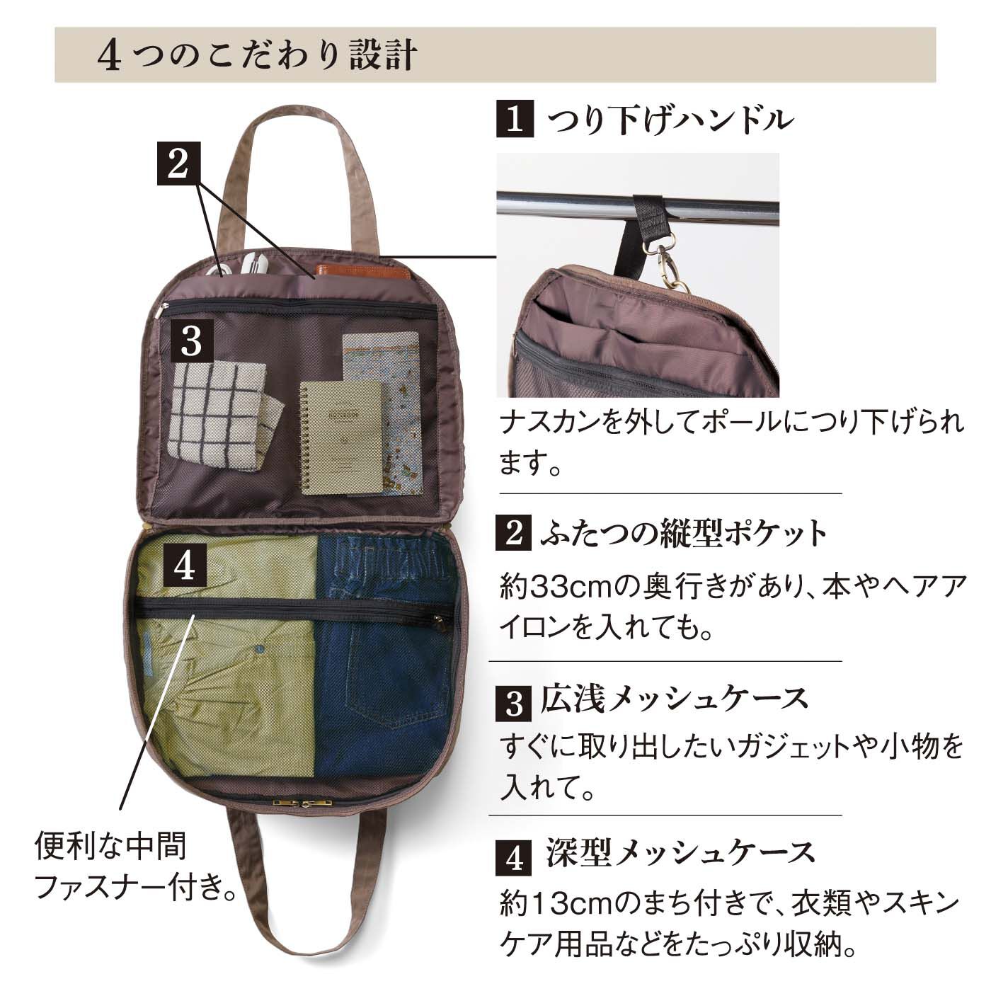 el:ment［エルメント］|【6月分以降お届け】el:ment　旅先でも整とんできる やわらかキャリーオントラベルボストン〈アマイロ〉|内側は大きく４つの仕切りで、服やポーチなどのサイズが変わっても整とんしやすい。