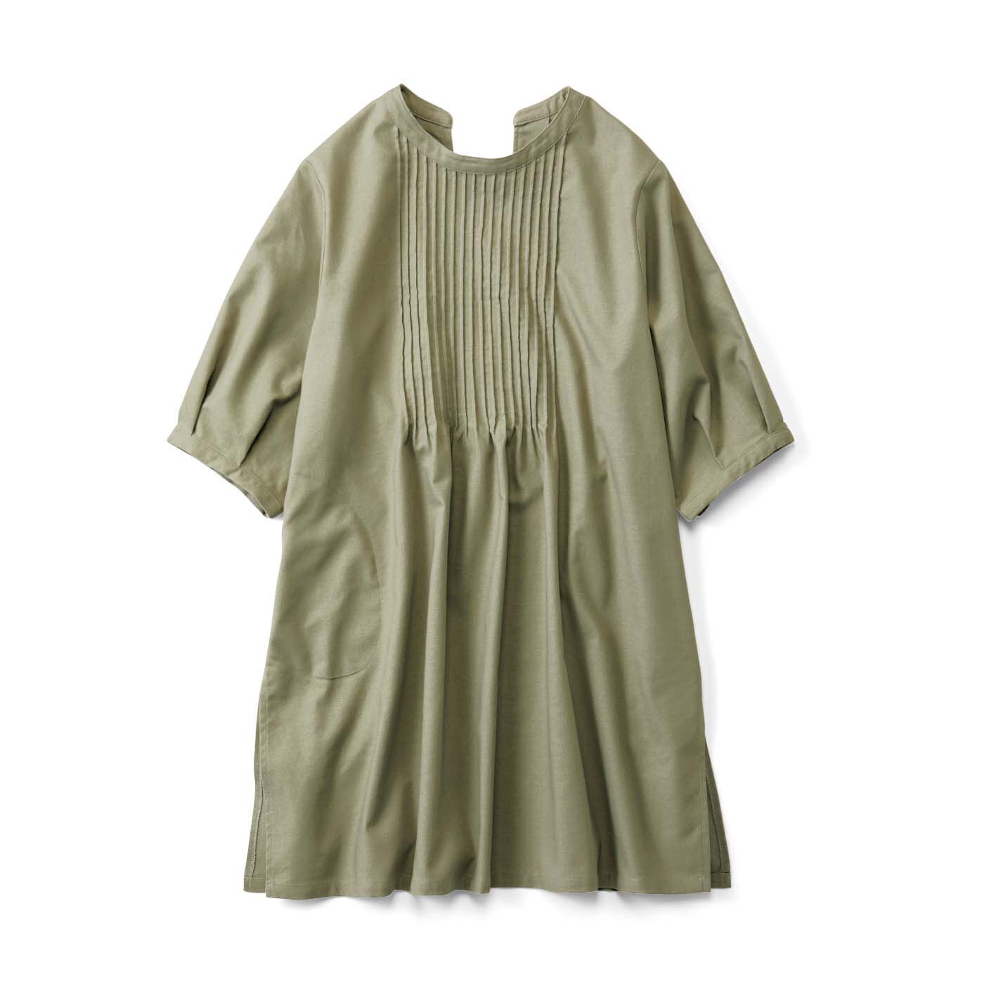 el:ment［エルメント］|【6月分以降お届け】el:ment　伝統をまとう ピンタック入りですっきり見え 綿麻混モダン割烹着チュニックの会|〈麹塵（きくじん）色〉