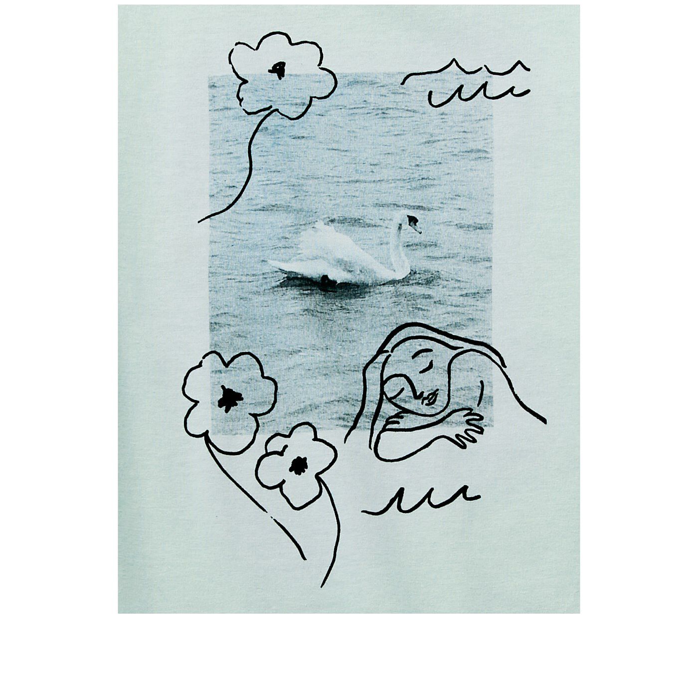SAANA JA OLLI [サーナヤオッリ]|サーナ ヤ オッリ　フィンランドの旅先から届く　絵はがきみたいなフォトプリントTシャツの会|（大白鳥）私たちが夏の週末を友人たちと過ごした、オッリの故郷のサマーハウスで撮った写真です。群島にあるこのサマーハウスは私たちにとって幸福の場所であるため、アルカディア（幸福の国）パターンの要素と融合させました。