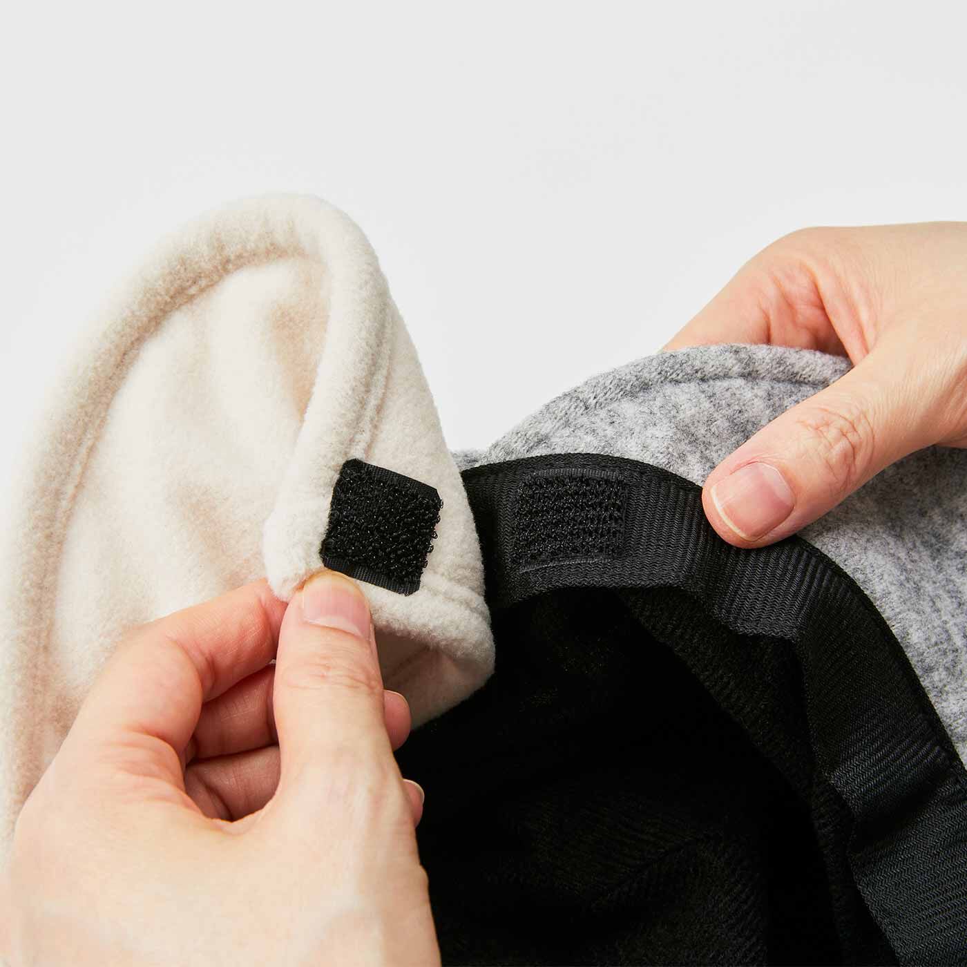 SAANA JA OLLI [サーナヤオッリ]|サーナ ヤ オッリ ふんわりギャザーで包んであたたか 取り外せる耳当て付きキャスケット〈UV対策〉の会|耳当ては、面ファスナーを使って簡単に取り外しができます。