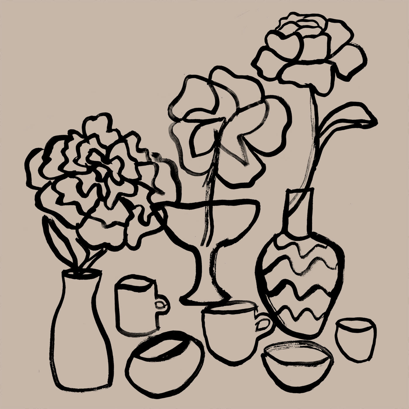 SAANA JA OLLI|サーナ ヤ オッリ　アートをいつもそばに バンダナサイズのガーゼハンカチの会|【Vases　ベーシーズ】私たちの住まい、キッチンのテーブル上に置かれたものを、象徴的に描きました。
