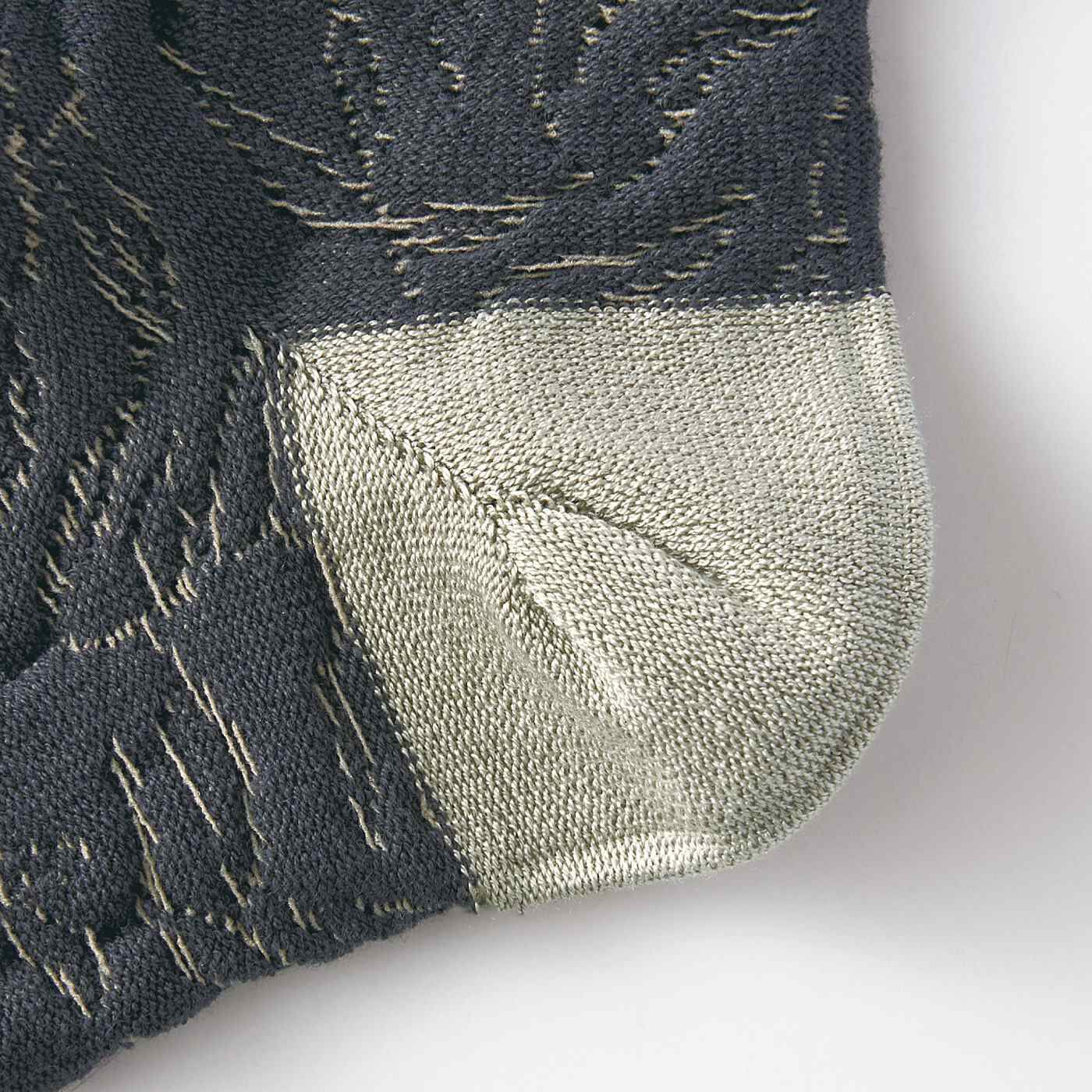 SAANA JA OLLI|サーナ ヤ オッリ　アートと編地の組み合わせを楽しむ　かかと肌側のみシルク遣いのコットン混靴下の会|かかと部分の肌側はシルク糸を使用。Ｙ字ヒール編みでフィット感がよくずれにくい。