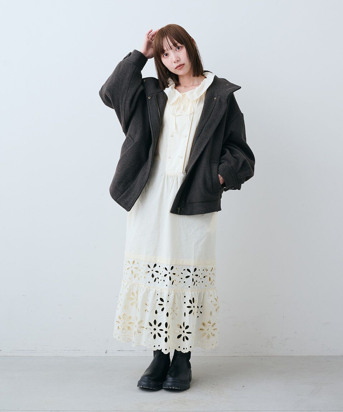 MEDE19F [メデ・ジュウキュウ]|ミックスへリンボン素材 オーバーサイズブルゾン〈ブラウンツィード〉のコーディネート