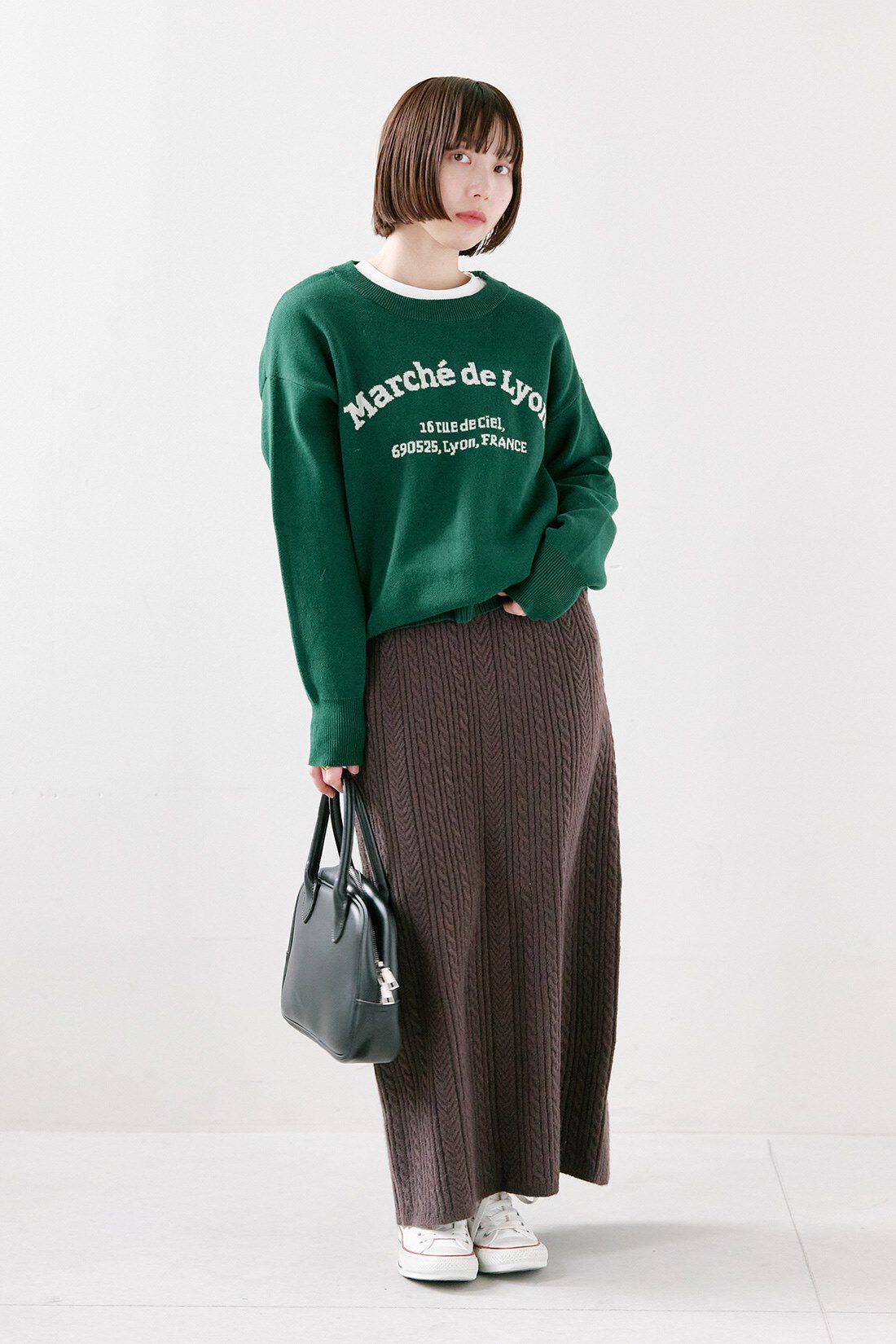 Live in  comfort|くぼっち 上品 ケーブル編み ニット トップス スカート セットアップ ブラウン 茶のコーディネート|【着用サイズ】ニット：S 　トップス：S　スカート：MP