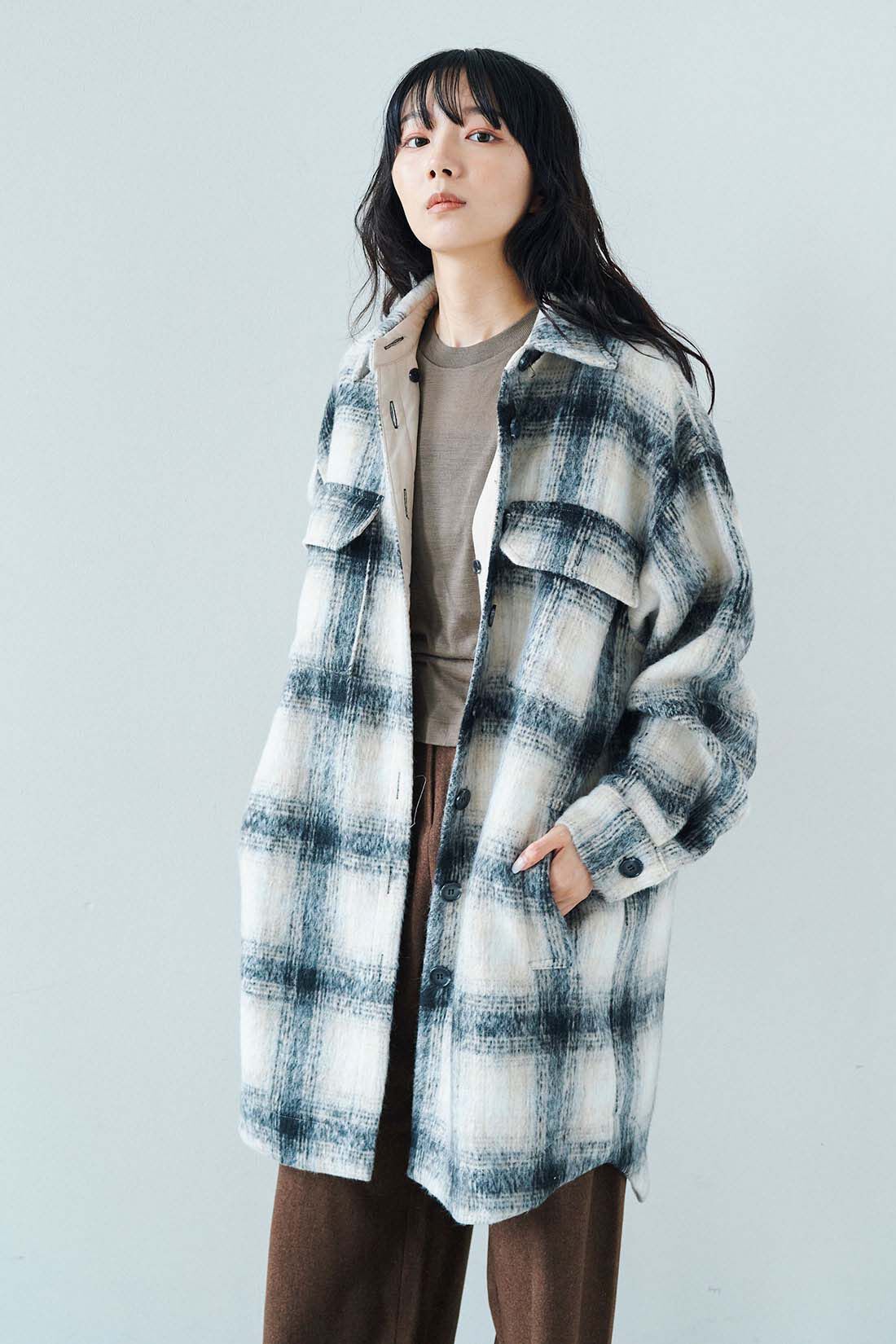 フェリシモファッションニュース|韓国セレクト artisover　ライナー付きビックシャギーチェックシャツコート【WEB LIMITED ITEMS】|モデル身長：163cm