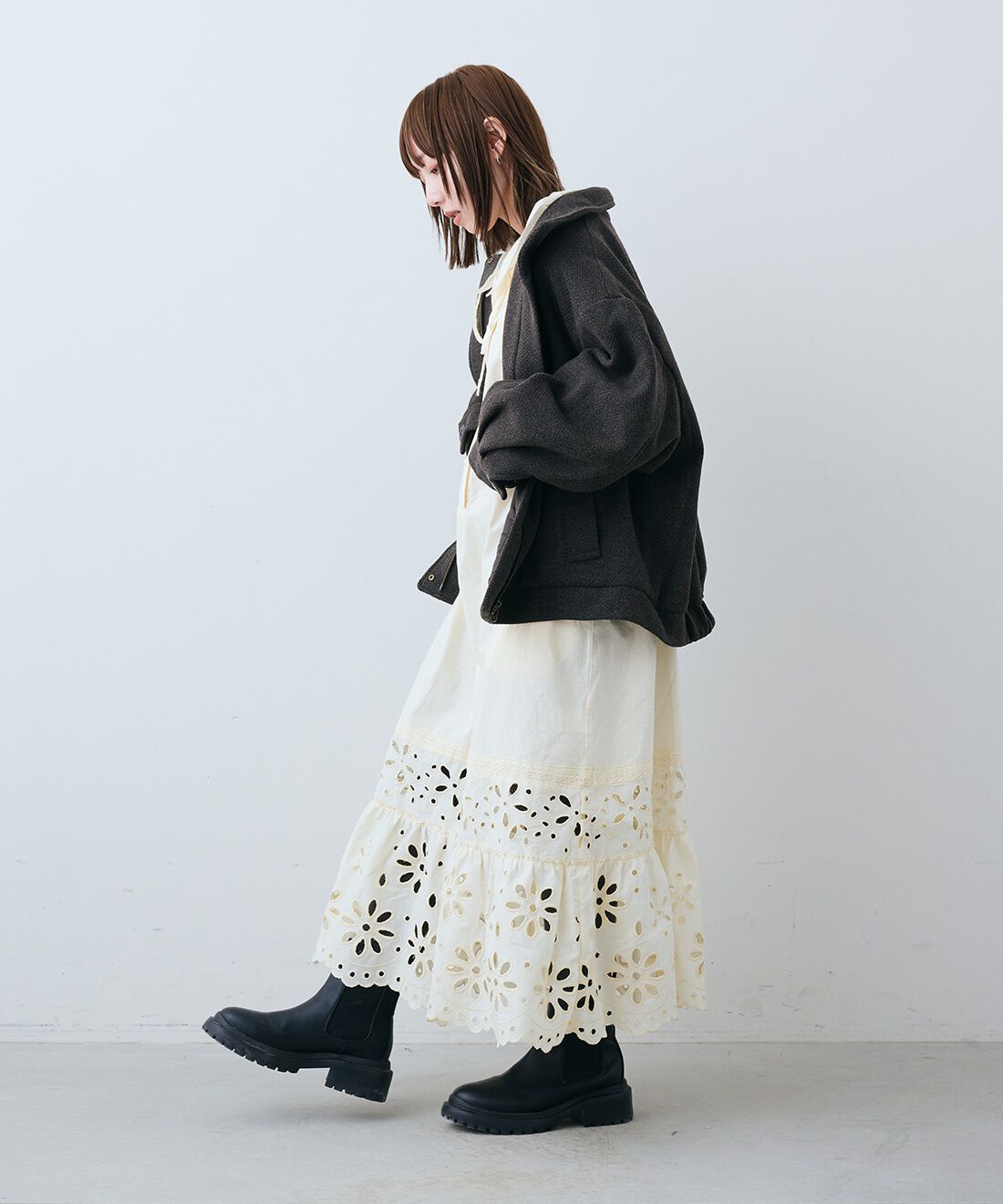 MEDE19F [メデ・ジュウキュウ]|ミックスへリンボン素材 オーバーサイズブルゾン〈ブラウンツィード〉のコーディネート