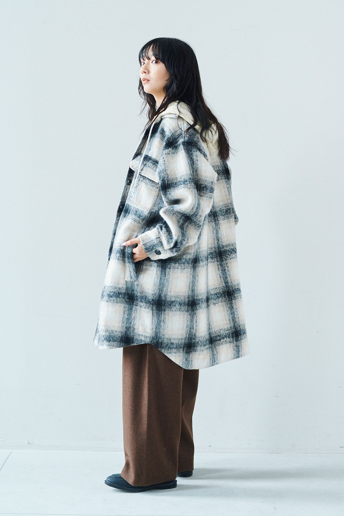 フェリシモファッションニュース|韓国セレクト artisover　ライナー付きビックシャギーチェックシャツコート【WEB LIMITED ITEMS】|モデル身長：163cm