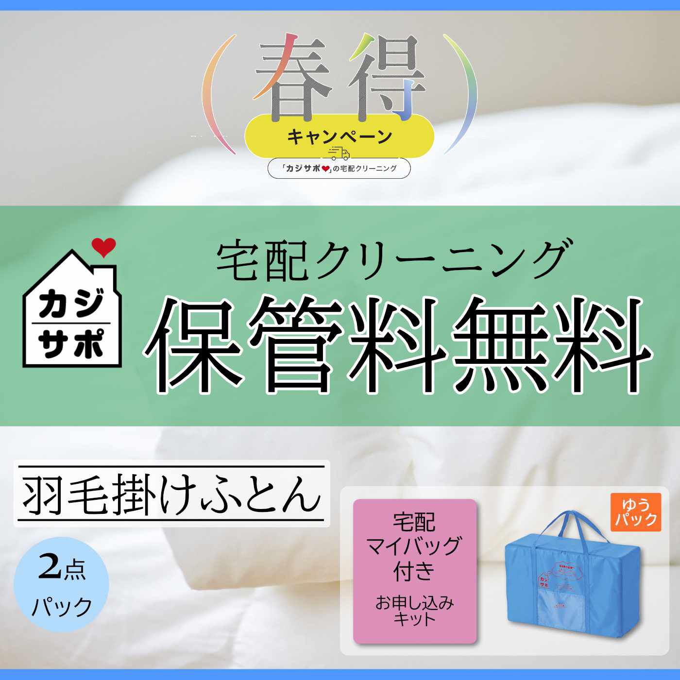 ライフコンシェルジュ 定期便|《カジサポの宅配クリーニング春得キャンペーン》【 最長11月末まで保管料無料コース】羽毛掛けふとん丸洗い+保管専用 宅配マイバッグ付きお申し込みキット（初めての方用）