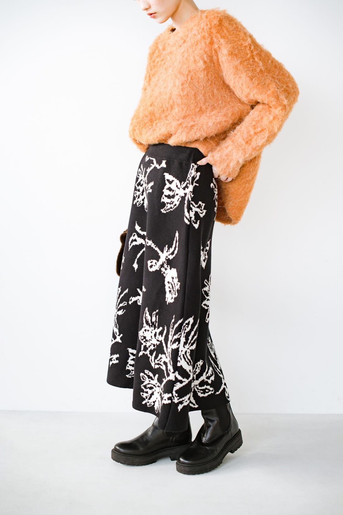 haco!|ANNA LUNA　花柄ニットジャカードフレアースカート〈ブラック〉