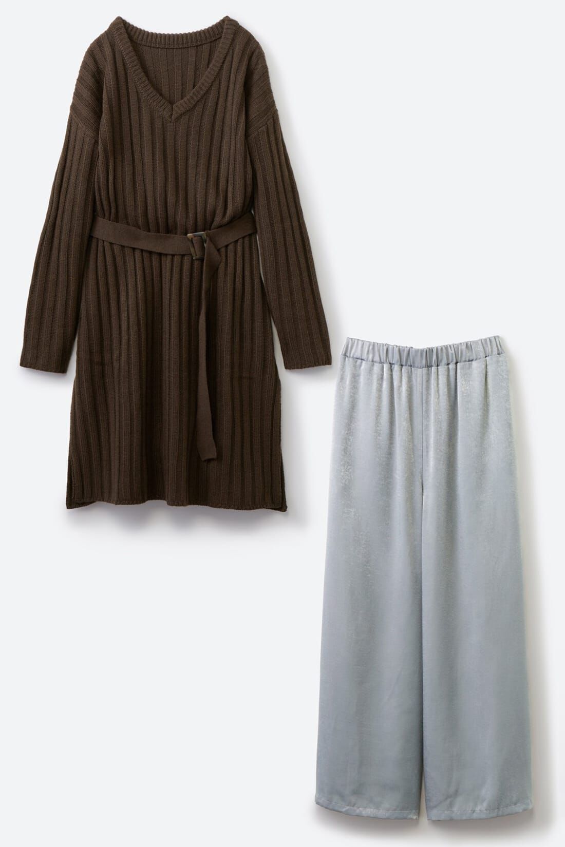 haco!［ハコ］|ｈａｃｏ！ 簡単にこなれコーデが完成する 単品使いもしやすいゆるシルエットニットとサテンパンツの便利なセット〈ブラウン〉