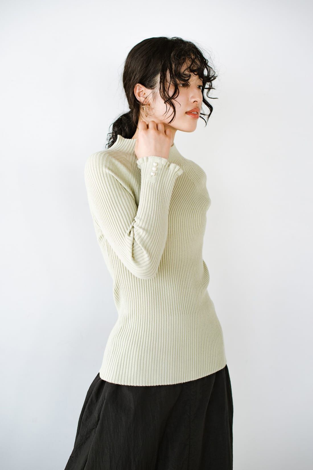 ＡＮＮＡ ＬＵＮＡ リブハイネックパール装飾フリル袖プルオーバー