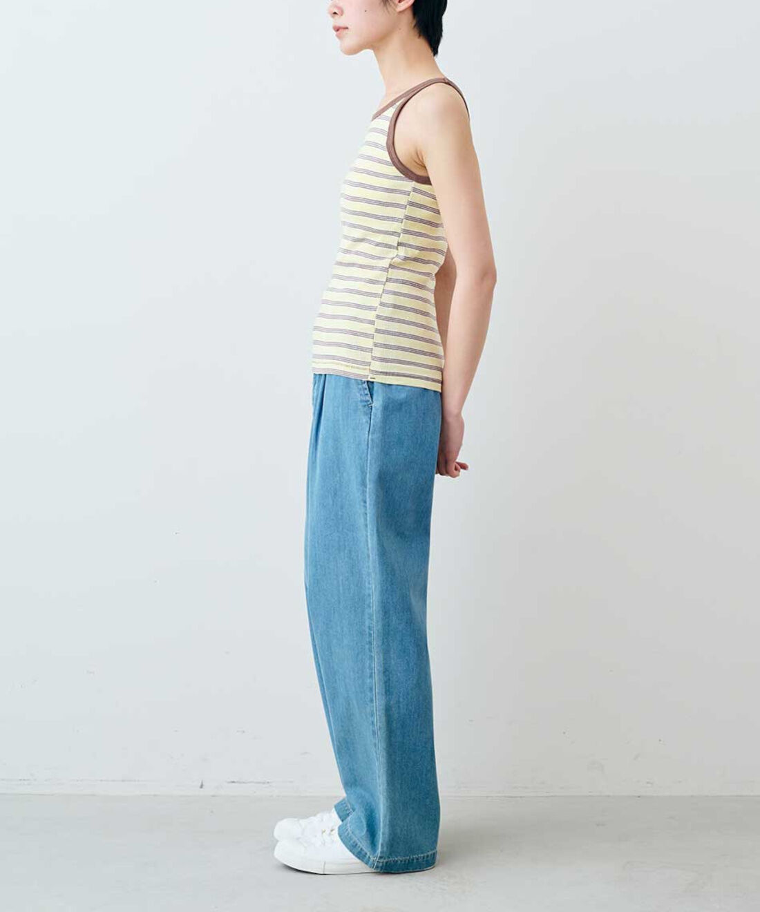 フェリシモギフトショップ|【WEB限定】miller リブボーダーカップ付きタンクトップ〈ブルー×グレー〉【シロップ．バスケット】|モデル身長:163cm ※お届けのカラーとは異なります。
