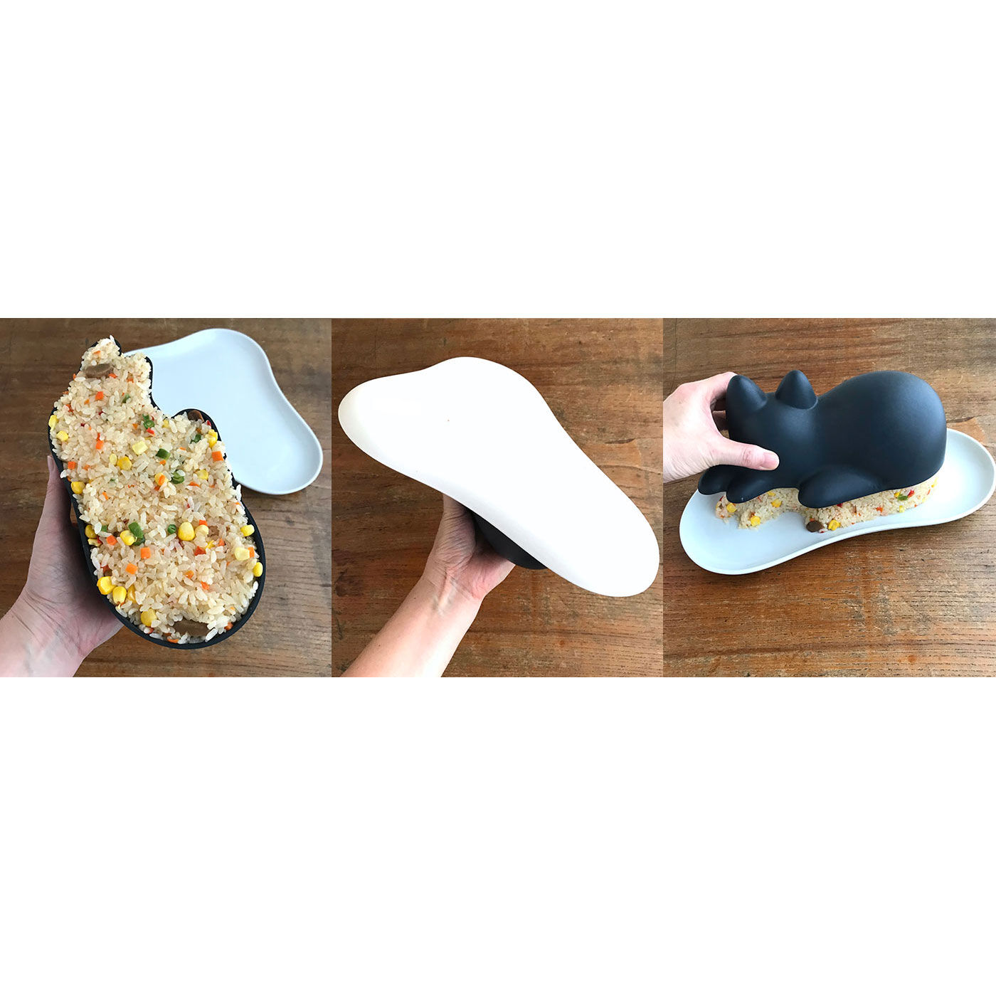 フェリシモギフトショップ|［Fu’s Note］ごはんにゼリーに雪だるま！ ＋ｄ 猫シルエットが作れる「ネコカップ」|ごはんの場合、少し押すような感じでしっかり詰めるときれいに仕上がります。多めのごはんをしっかり詰めたら⇒お皿を乗せて上から押さえて、エイヤッとひっくり返し⇒そっとネコカップを外します。