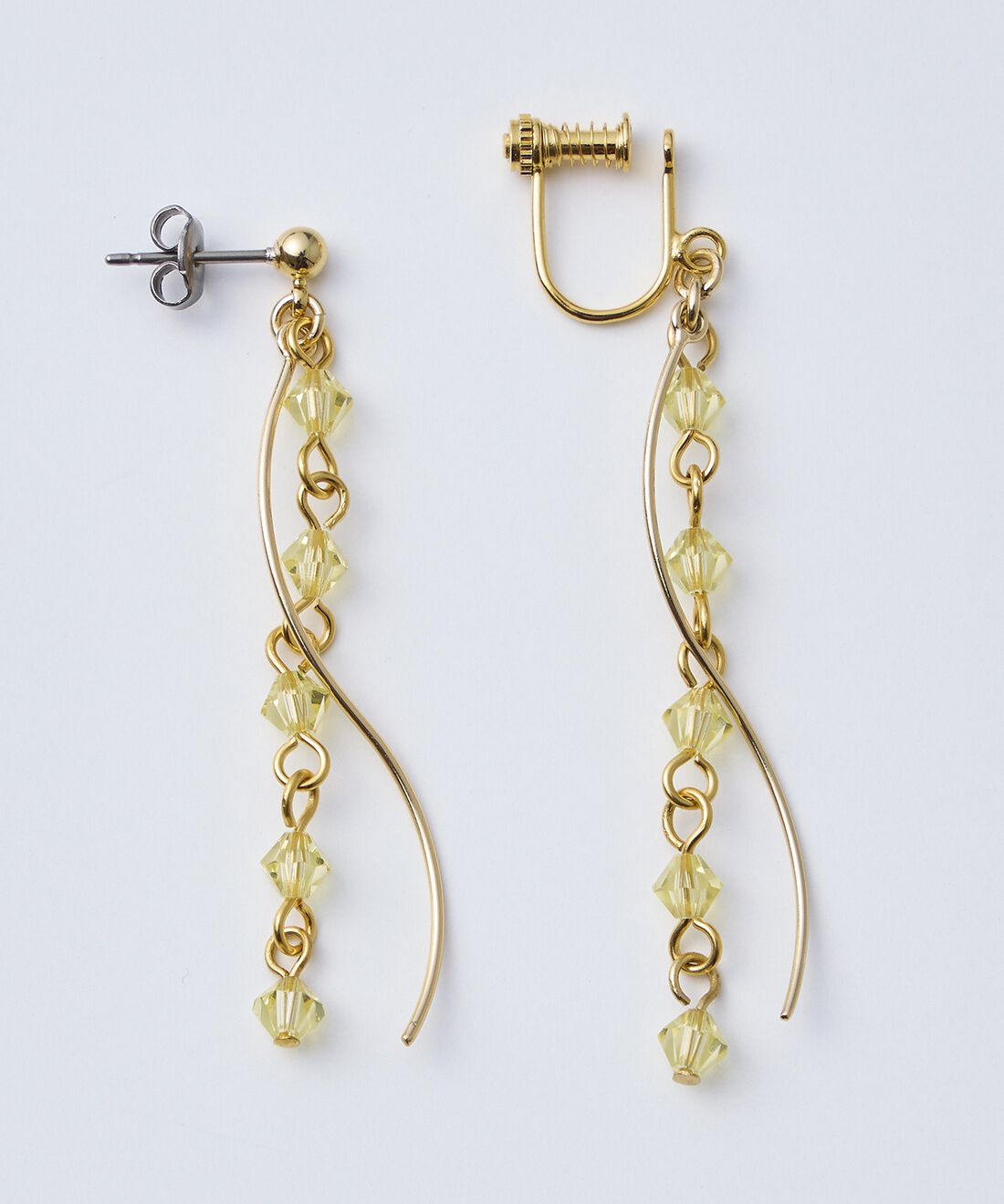 フェリシモギフトショップ|OSYAIRO 5連クリスタルガラスのイヤアクセ〈レッド〉|【左】　1：ピアス　【右】　2：イヤリング　※写真は〈イエロー〉です。