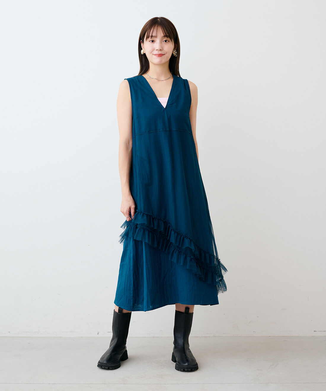 フェリシモギフトショップ|mensha!　ガーゼにチュールを重ねた ドレスアップワンピース〈トルマリンブルー〉|（モデル身長：169cm　着用サイズ：M）
