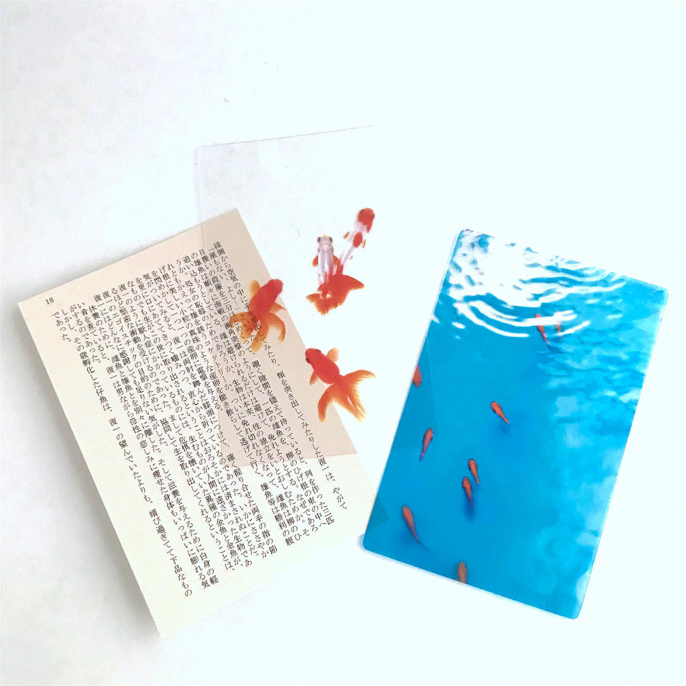 フェリシモギフトショップ|［Fu’s Note］本の中を金魚が泳ぐ！？　金魚の透明しおりセット〈三尾和金・琉金＆小赤〉|2種類セットでお届け。左：三尾和金・琉金　右：小赤　文庫本サイズの素敵な台紙にセットしてお届けします。