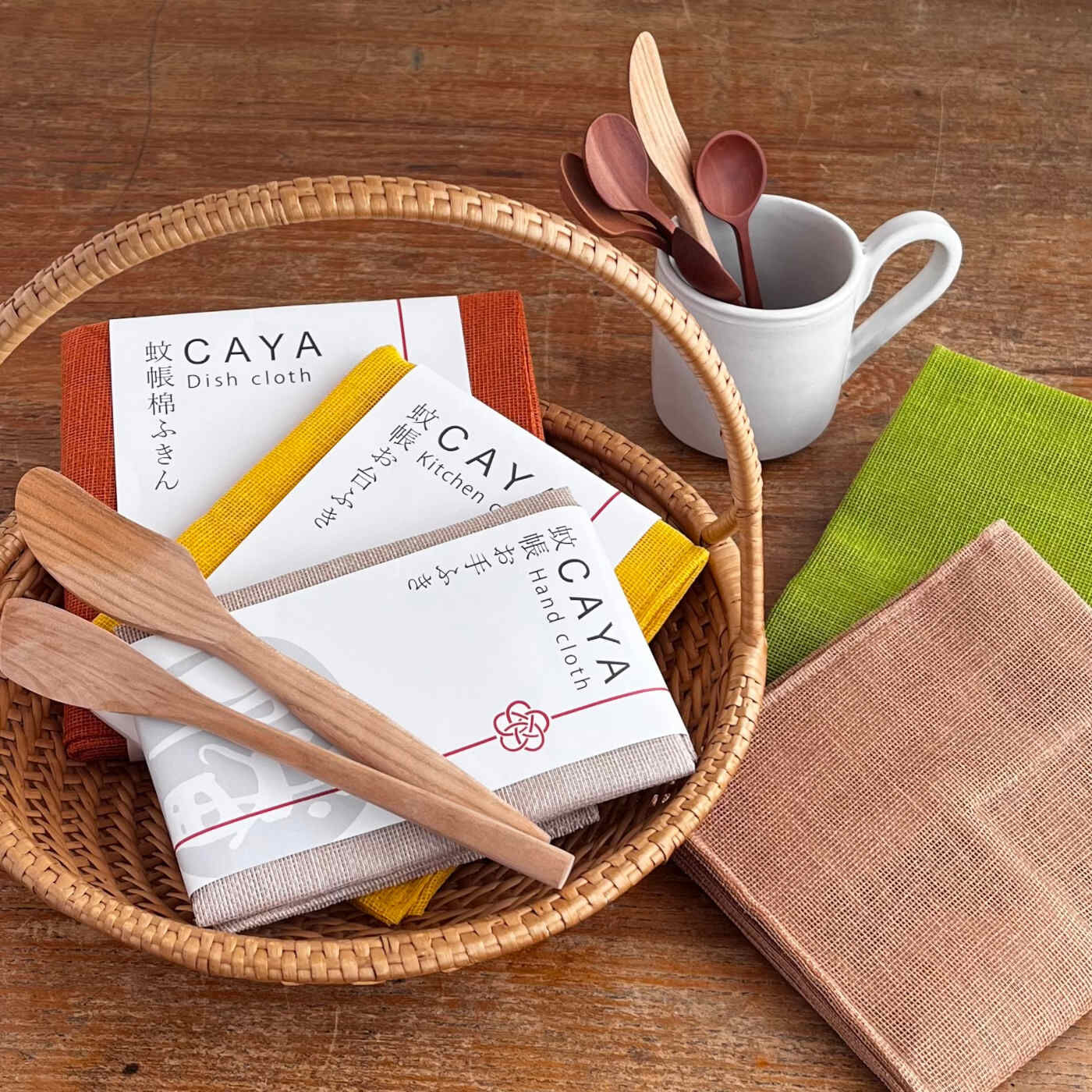 フェリシモギフトショップ|［Fu’s Note］奈良の蚊帳生地ふきん５点ギフトセット〈ラッピングサービス付き〉|お申込みタイプ2：柿・山吹・竹