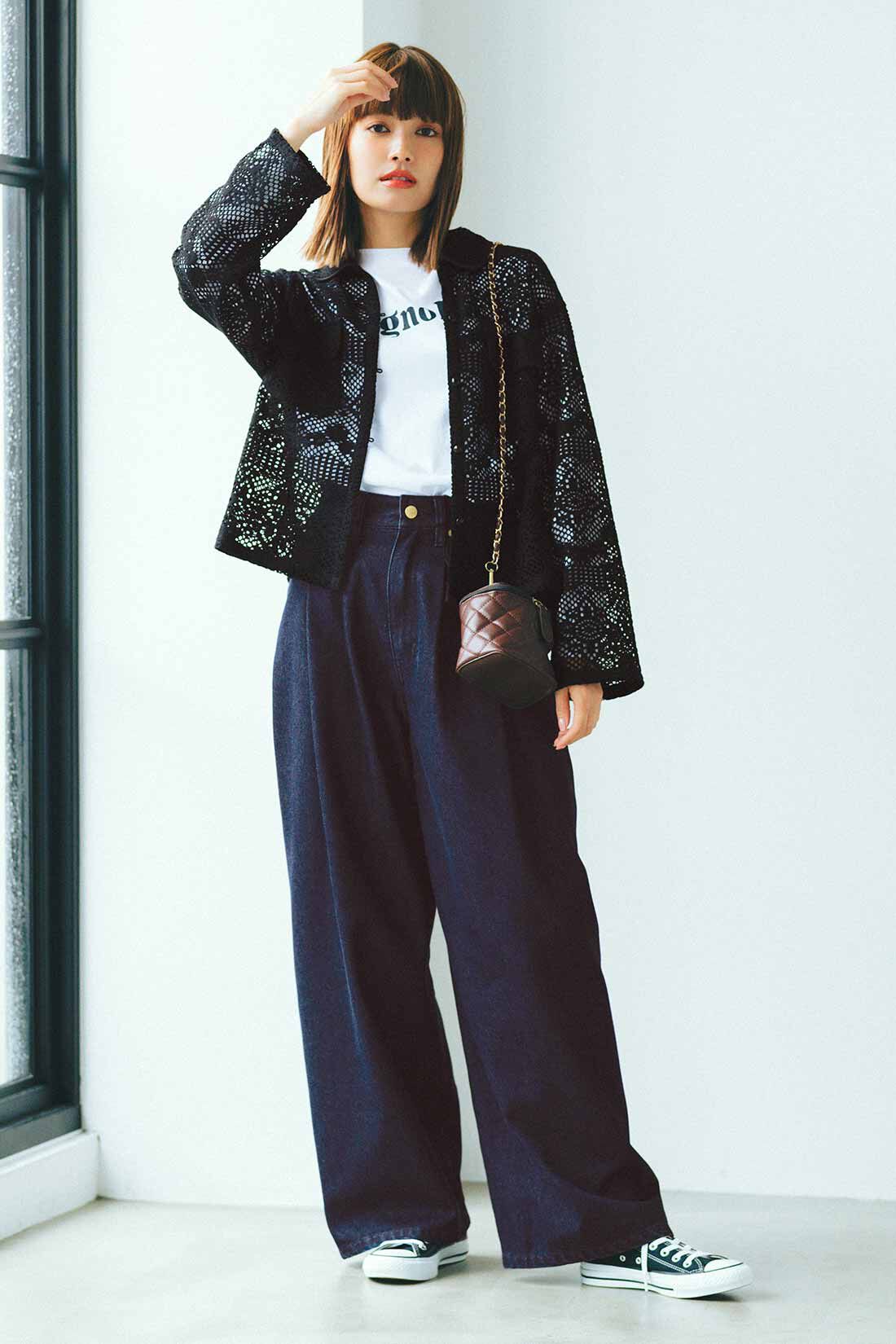 リブ イン コンフォート くぼっち★とコラボ 大人の華やぎレースシャツジャケット〈ブラック〉