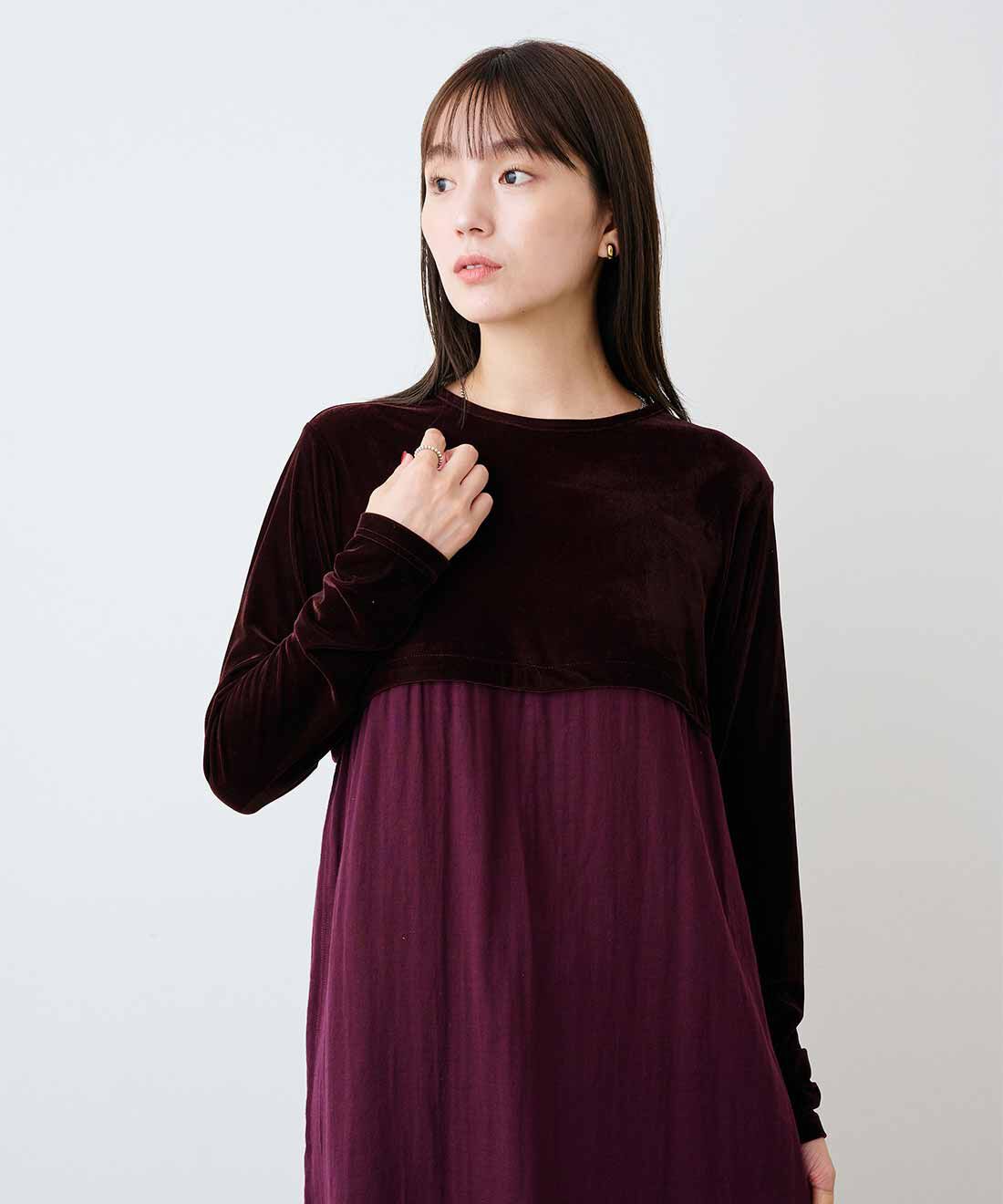 フェリシモギフトショップ|mensha!　ベロアとガーゼのドレスアップワンピース〈ガーネットボルドー〉|（モデル身長：169cm　着用サイズ：M）
