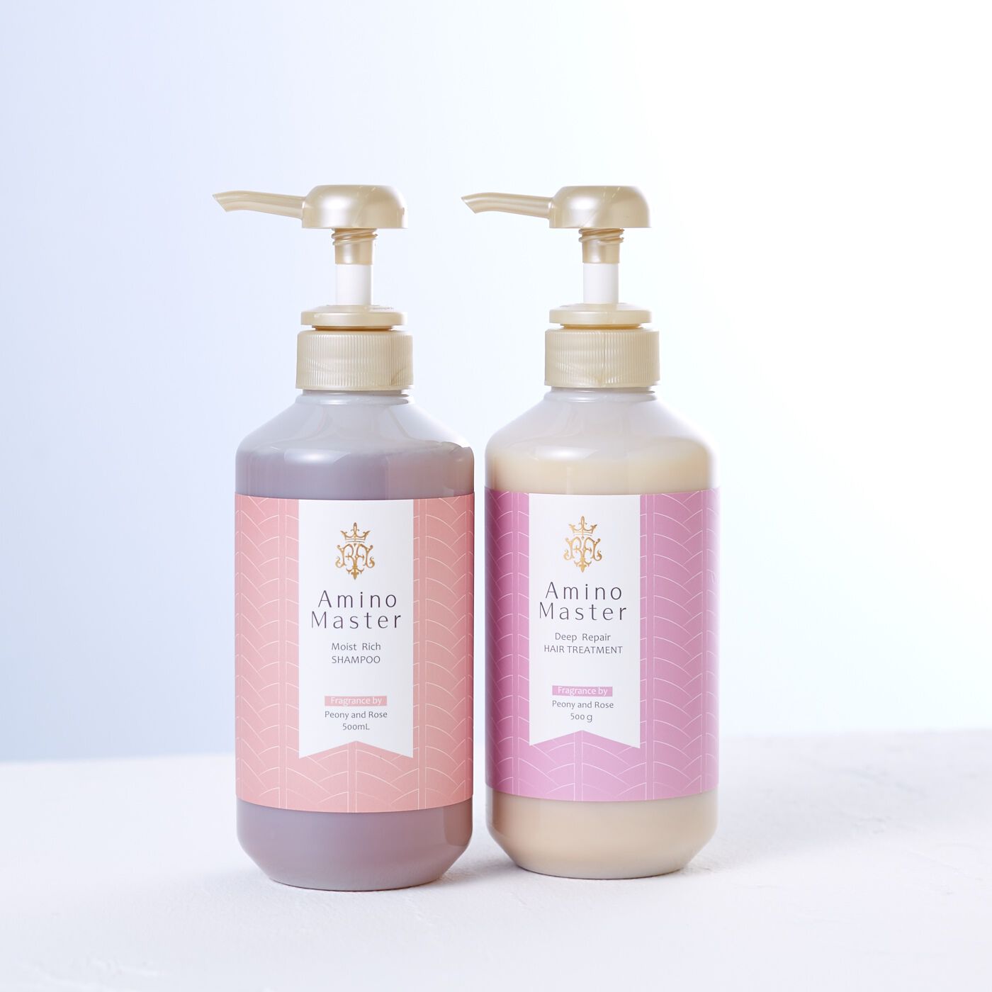 フェリシモギフトショップ|アミノマスター　ディープリペアヘアトリートメント|左からアミノマスター モイストリッチシャンプー、アミノマスター ディープリペアヘアヘアトリートメント。ボリュームが多くまとまらない髪におすすめの組み合わせです。