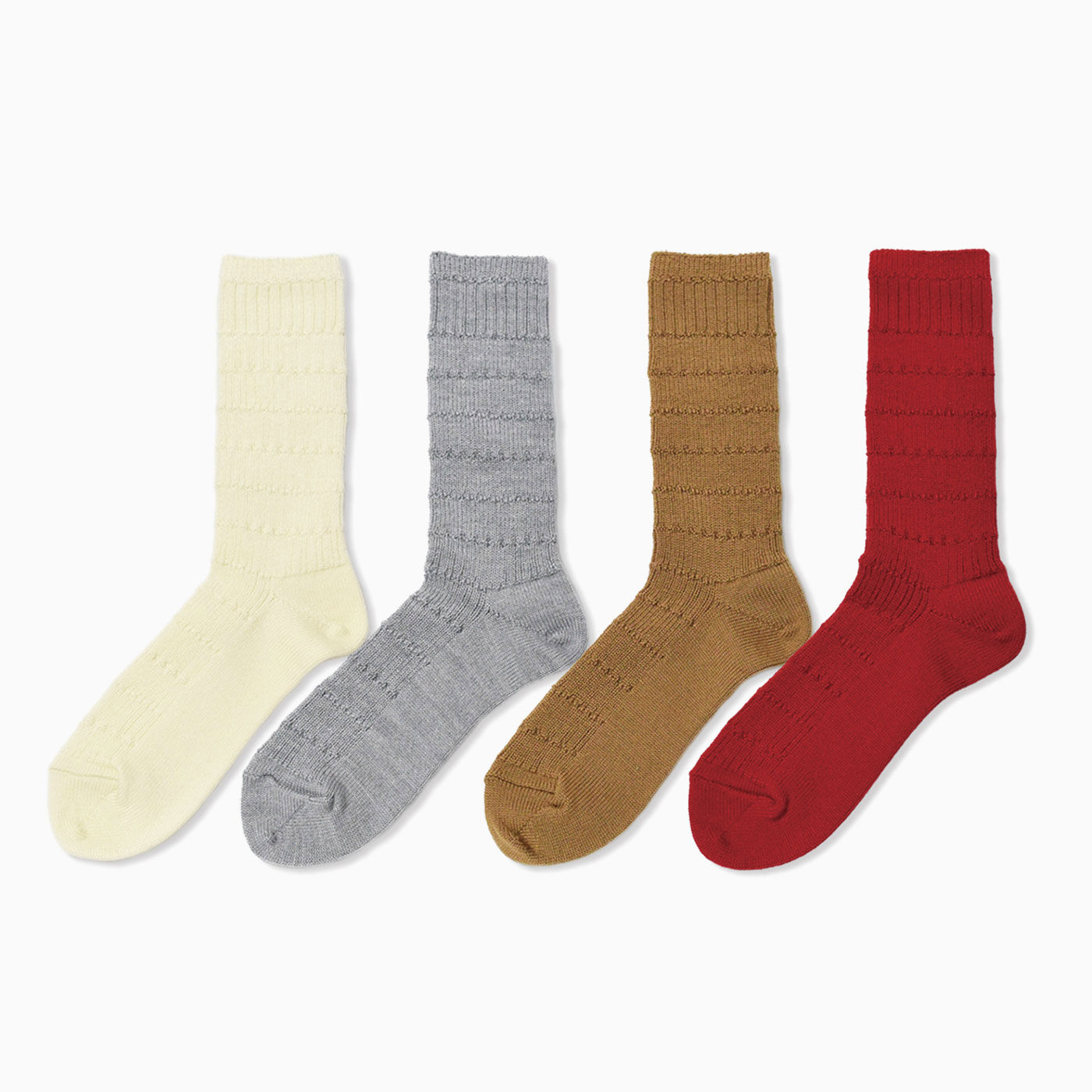 フェリシモギフトショップ|ウール91％　あったかでやわらか！ 厚みをおさえたファインウールソックス〈Hooh〉|【お申し込みカラー】左から　1：アイボリー　2：グレー　3：キャメル　4：レッド　どの色もイイ！ スタイリングしやすい4色がスタンバイ。
