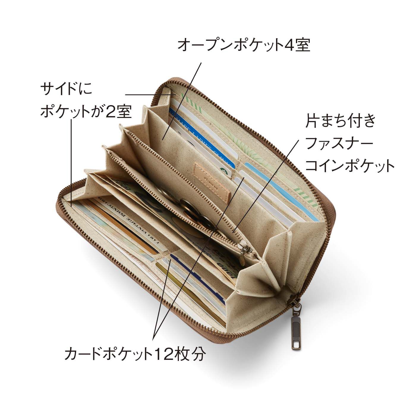 フェリシモギフトショップ|el:ment　味わい育てる素上げ姫路レザー　しあわせ呼び込むすずらんの型押し長財布〈クレイブラウン〉|やさしい風合いの綿麻素材の内生地に、ロゴを刻印したヌメ革のタグを添えて。