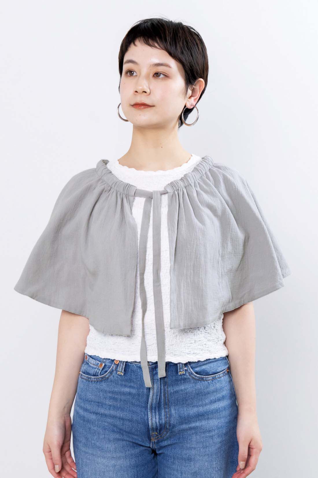 mensha!［メンシャ！］|mensha!　シングル楊柳（よう りゅう）ガーゼ マルチウェイ ペプラムケープの会|肩に巻いたり