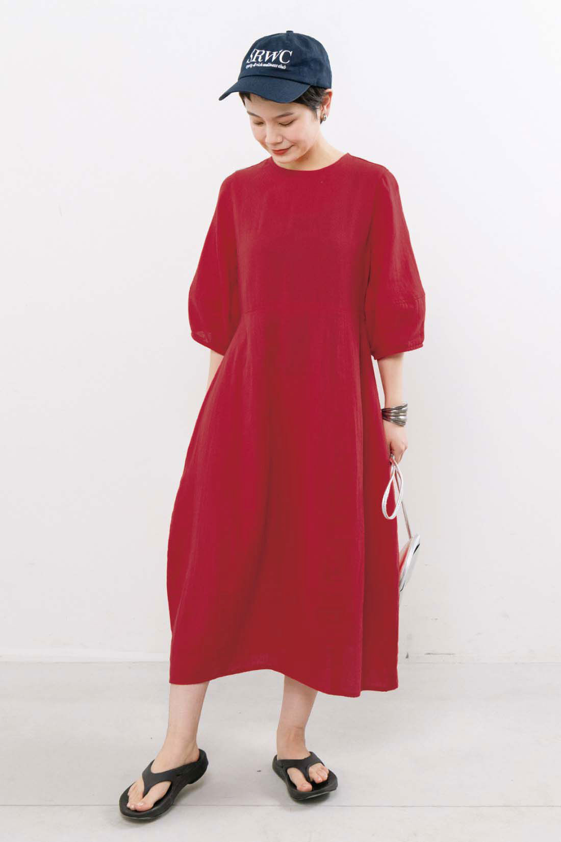 mensha!［メンシャ！］|mensha!　ガーゼでドレスアップ！ コクーンシルエットワンピース|スタッフ身長：157cm　着用サイズ：M