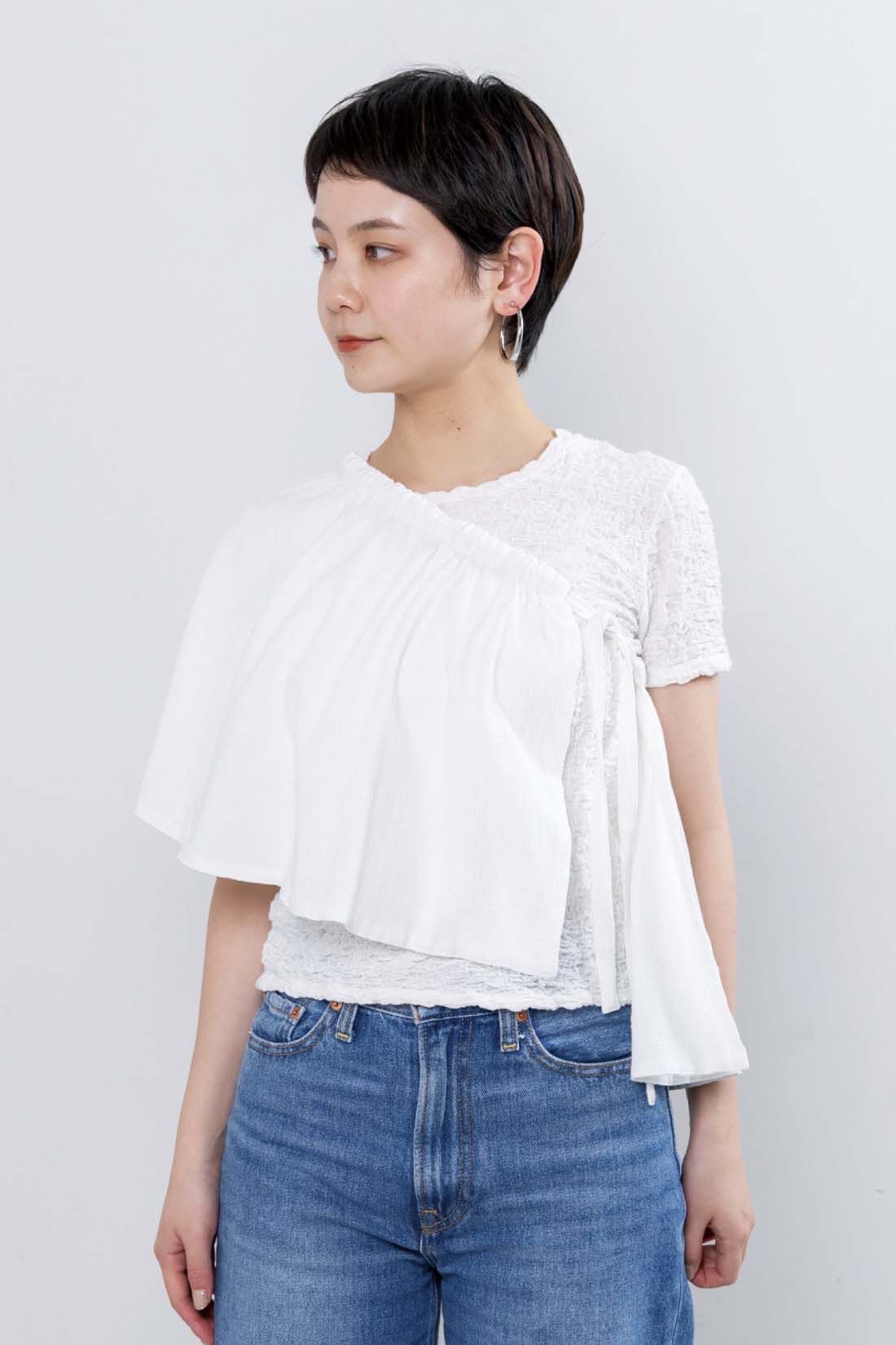 mensha!［メンシャ！］|mensha!　シングル楊柳（よう りゅう）ガーゼ マルチウェイ ペプラムケープの会|斜めがけしたり