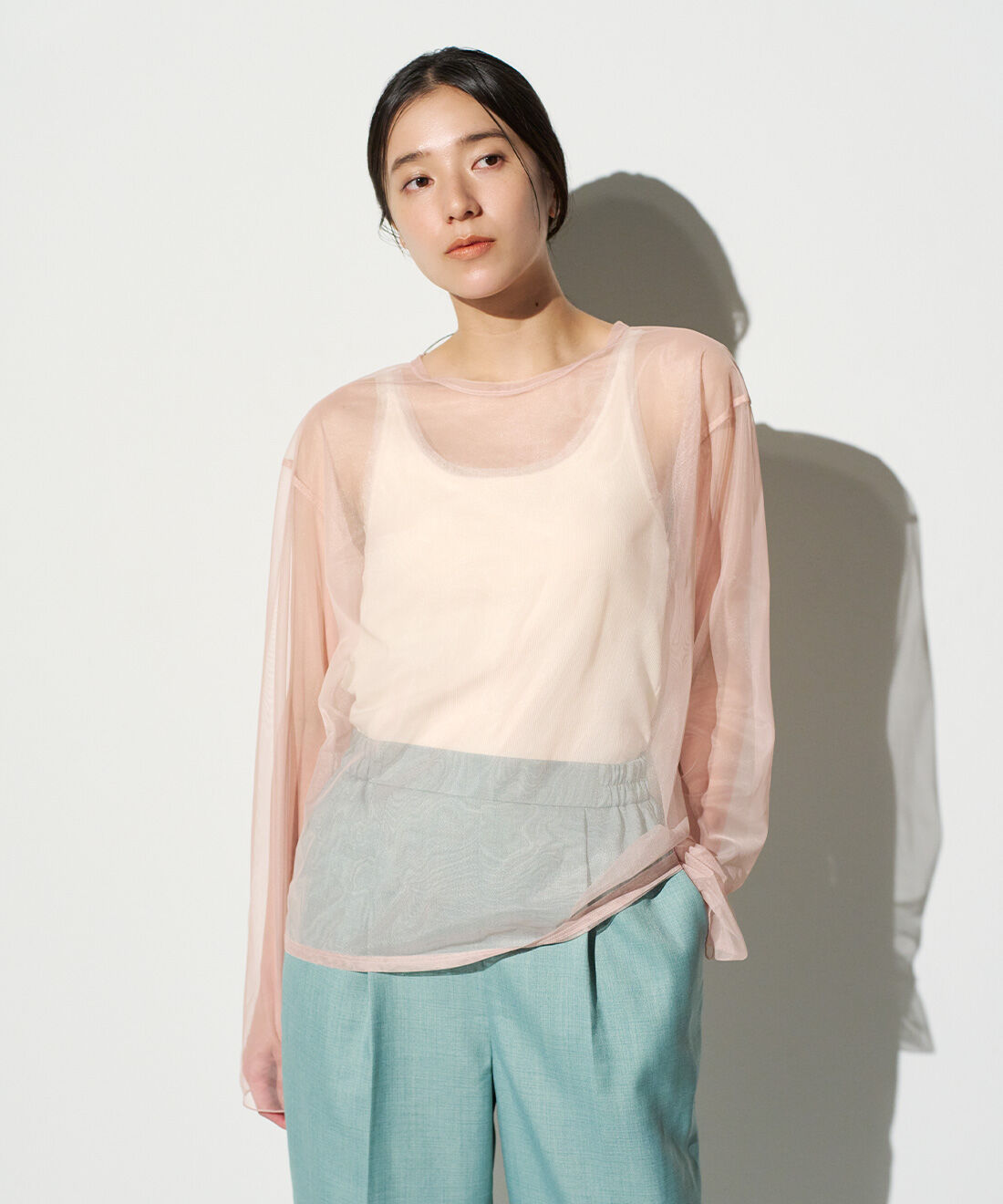 mensha!［メンシャ！］|mensha! ×フォトグラファー永瀬沙世さん オーガニックコットンTシャツ＆チュールトップスセット by LOVE＆PEACE PROJECT〈ミント×ピンクベージュ〉
