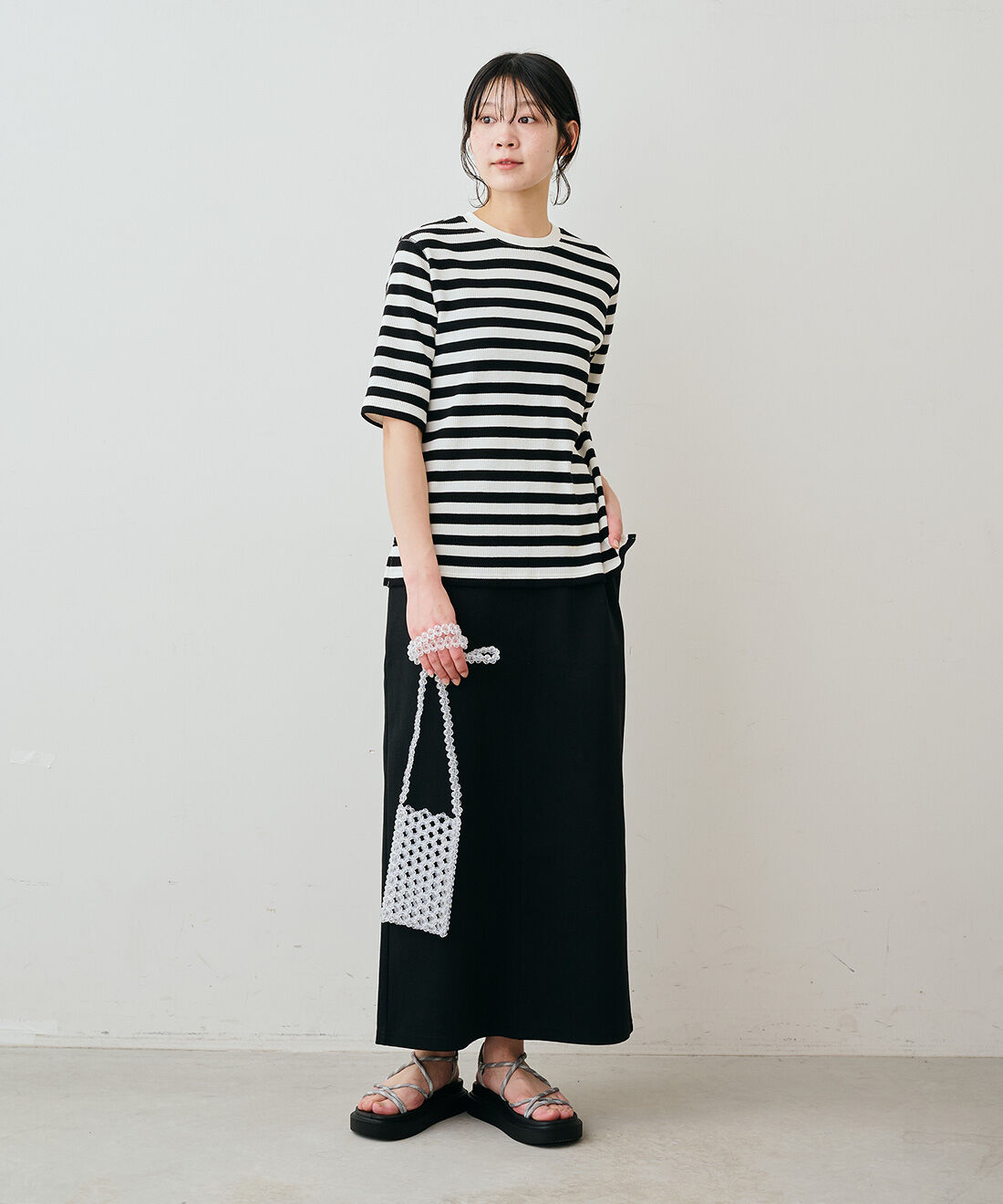 Live in  comfort|リブ イン コンフォート　Live love cotton（R）プロジェクト オーガニックコットンで仕立てた 着るだけで即こなれ感 ボーダーワッフルトップスの会|モデル身長：163cm　着用サイズ：M