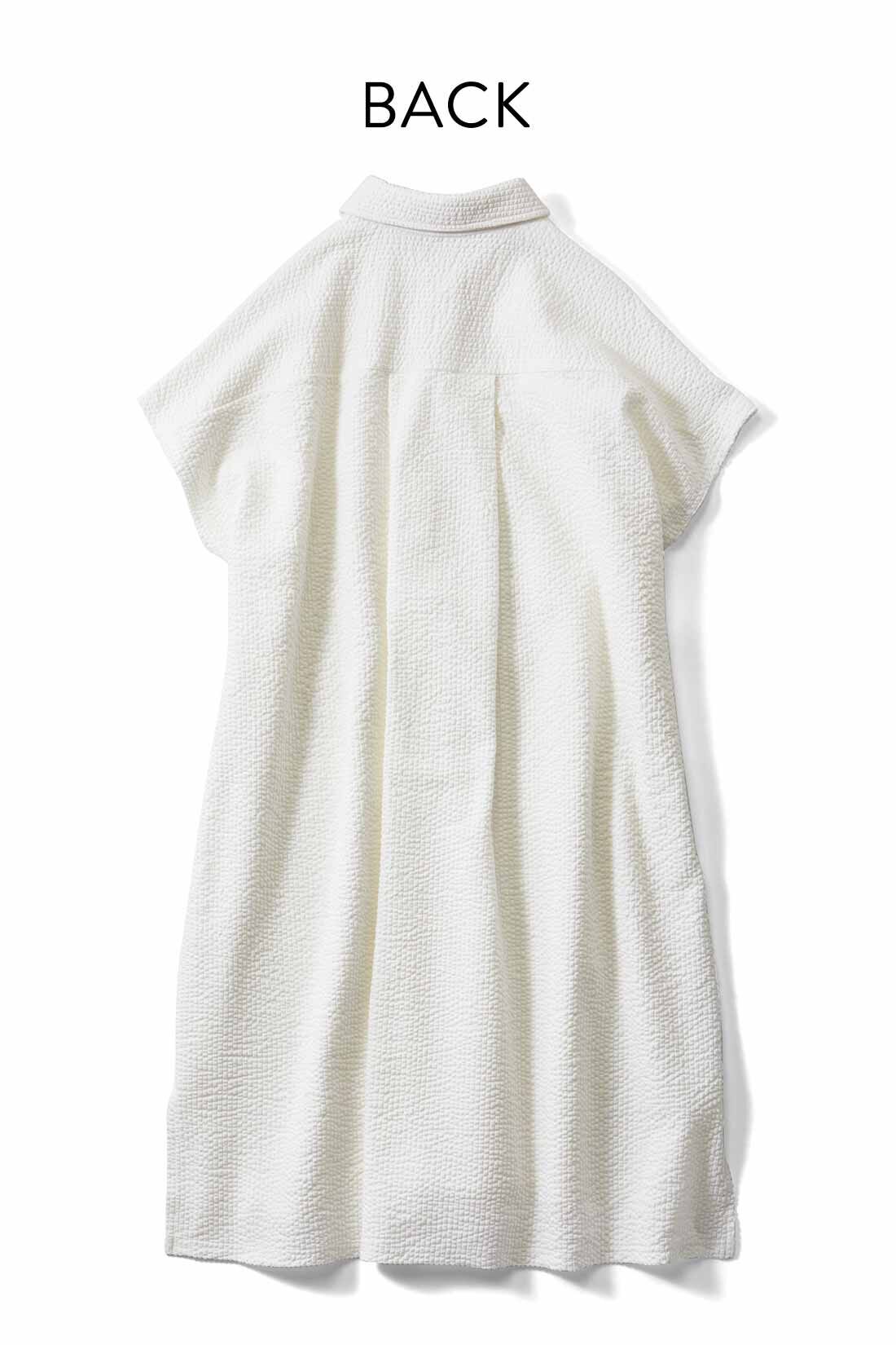 Live in  comfort|リブ イン コンフォート きちんと見えて実は伸びやか ぽこぽこサッカーカットソーのシャツチュニック〈ネイビーストライプ〉|背ヨーク切り替えとタック遣いで、後ろ姿もすっきり。　※お届けするカラーとは異なります。