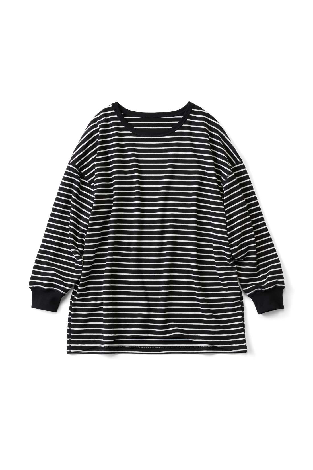 Live in comfort［リブインコンフォート］|驚くほどにやわらかくて伸びやかな起毛カットソーボーダートップス〈ブラックボーダー〉【おはだが気になるみんなへ】|ブラックボーダー