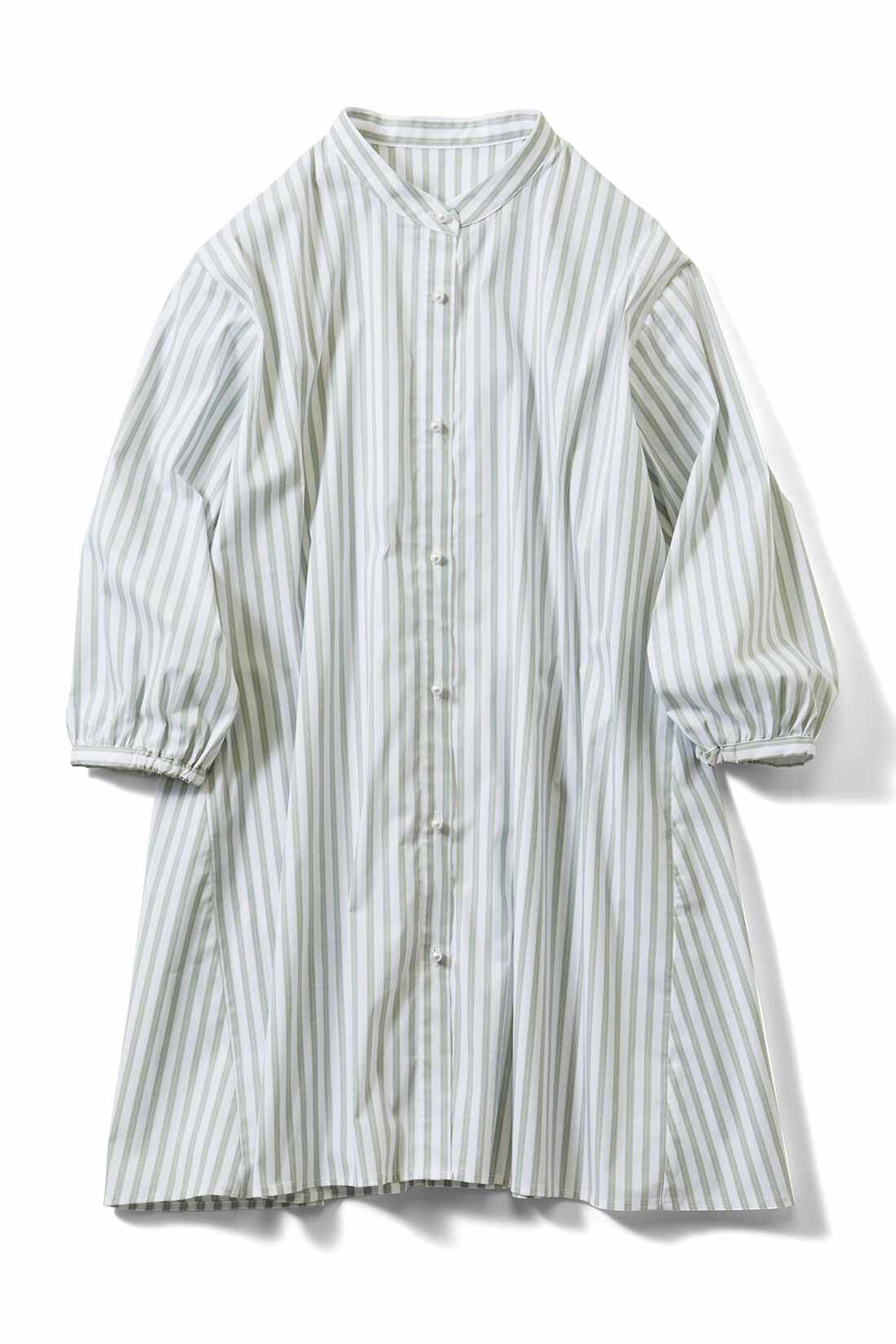 Live in comfort［リブインコンフォート］|リブ イン コンフォート 後ろティアードで体形カバーも華やぎもかなえる パールボタンのストライプチュニックの会|グリーン