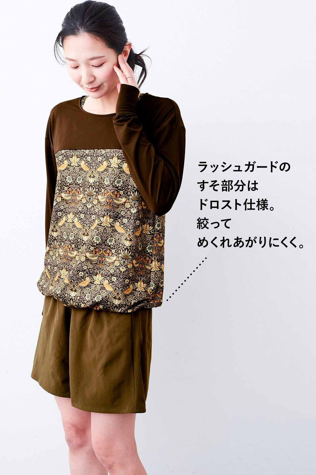 Live in  comfort|リブ イン コンフォート 大人モリスの世界 「いちご泥棒」柄を秘めた優美な水着セット〈ブラウン〉