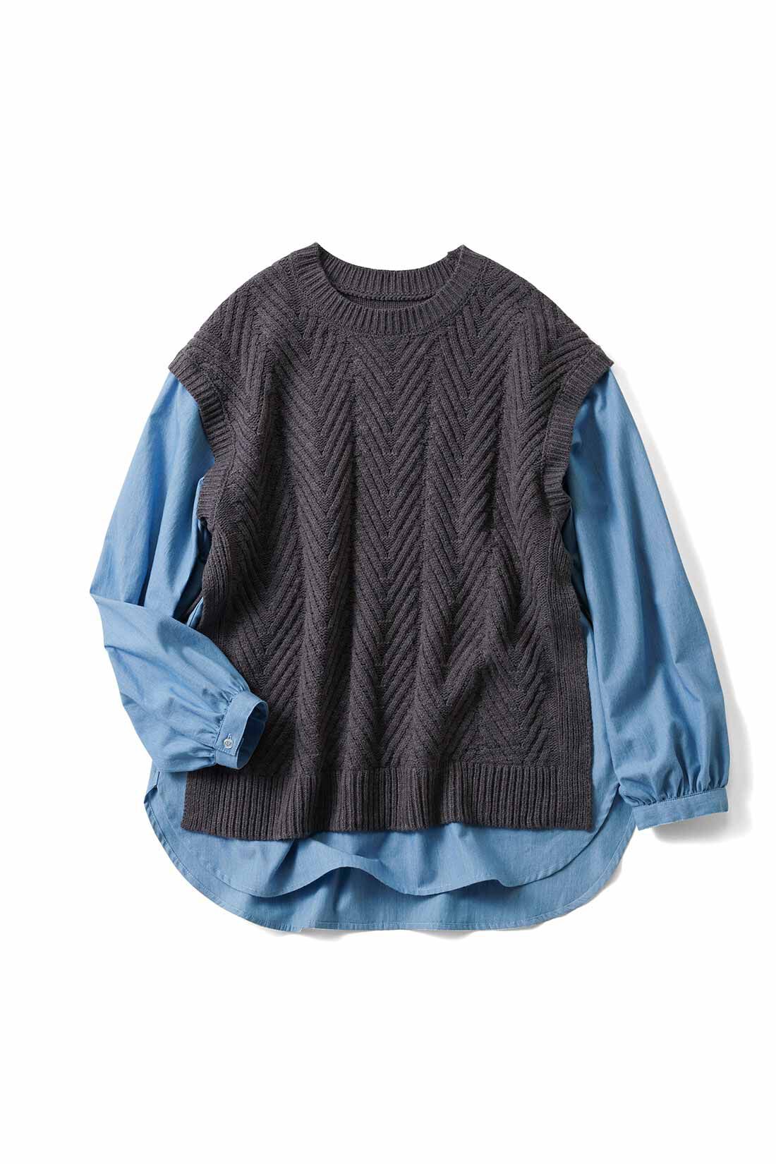 Live in comfort［リブインコンフォート］|リブ イン コンフォート 着心地らくちん！ 知的なシャツドッキングニットチュニック|チャコールグレー
