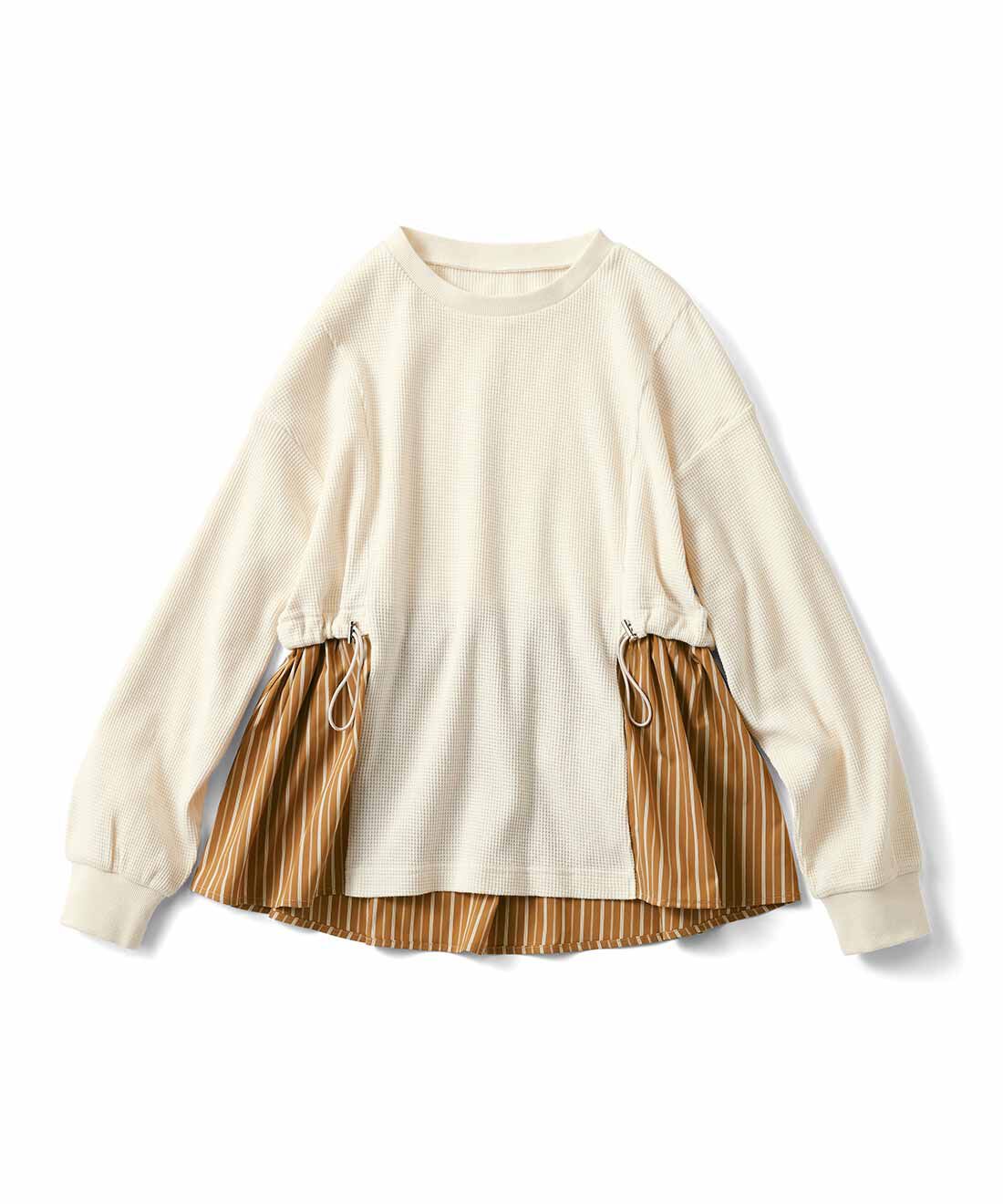 Live in  comfort|リブ イン コンフォート　伸びやかで着心地のよい ワッフル素材のきれいめ切り替えトップス〈アイボリー〉|〈アイボリー〉