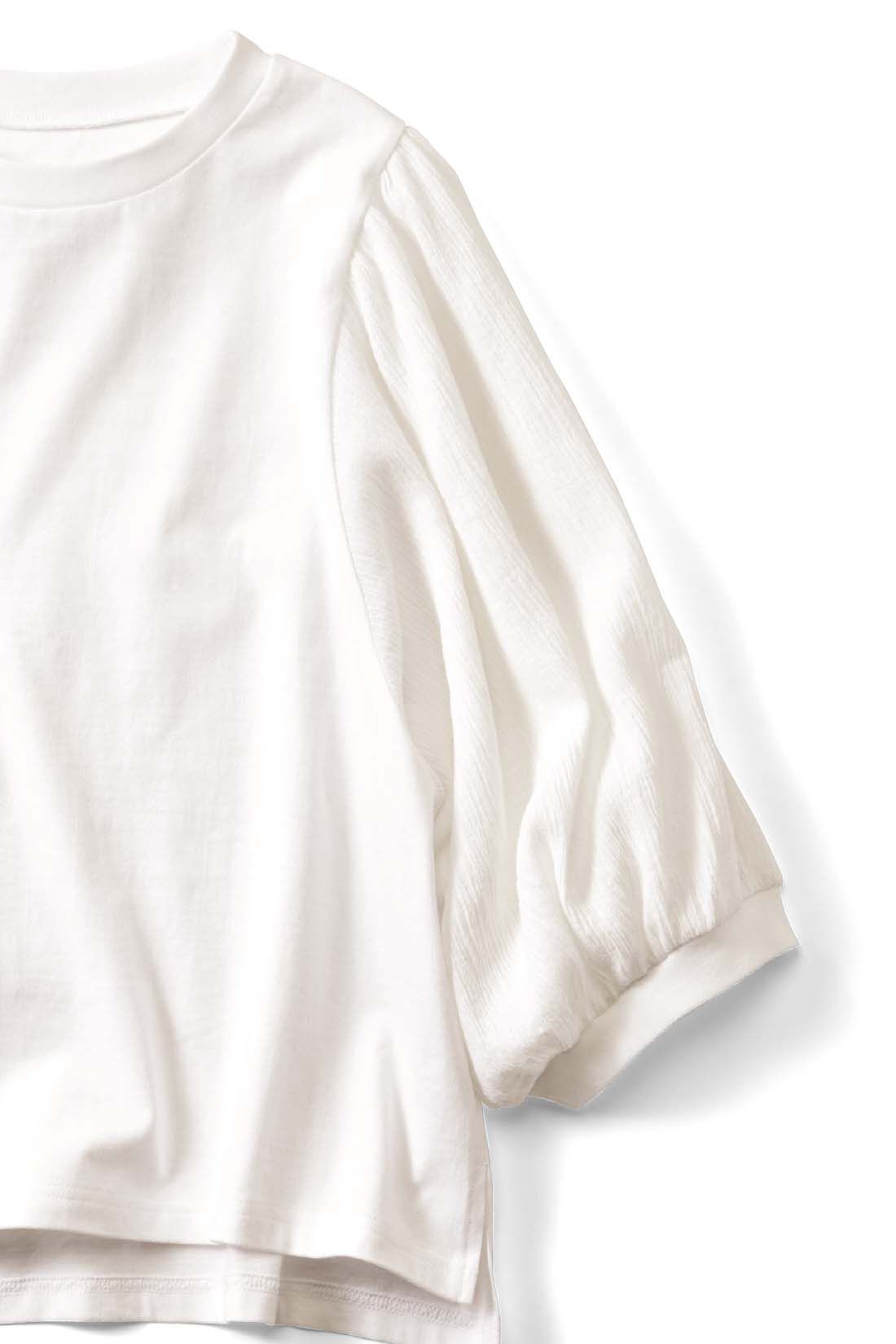 Live in  comfort|Live love cottonプロジェクト　リブ イン コンフォート　はまじとコラボ 袖ふんわりオーガニックコットンブラウスTシャツ〈ホワイト〉|二の腕が気にならない袖丈。アームホールが広いのでわきも涼しく快適♪