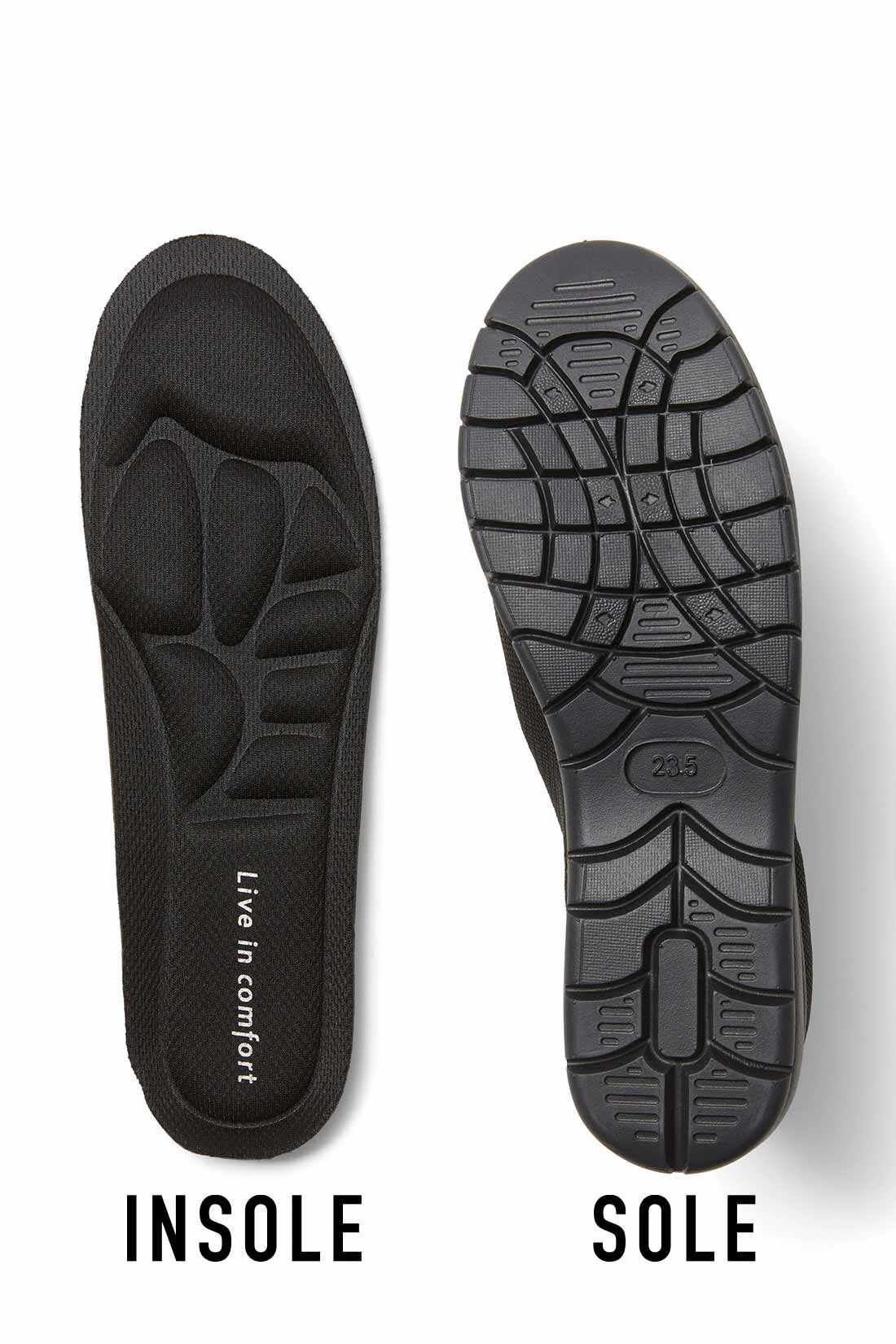 Live in  comfort|リブ イン コンフォート 1秒でするんと履けて歩きやすい ニットスニーカーパンプス〈ブラック〉|取り外しできるふかふかの中敷きと、軽量なスニーカーソールで歩きやすく、一日中らくちん。