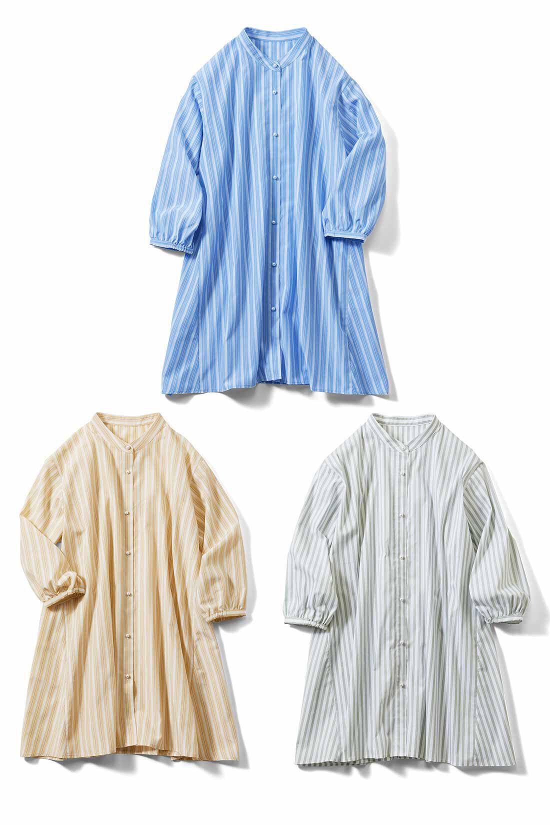 Live in comfort［リブインコンフォート］|リブ イン コンフォート 後ろティアードで体形カバーも華やぎもかなえる パールボタンのストライプチュニックの会