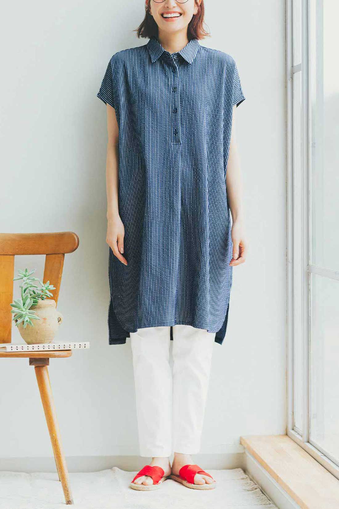 Live in comfort［リブインコンフォート］|リブ イン コンフォート ブロックチェックシャツと白パンツの涼やかモノトーンコーデセット