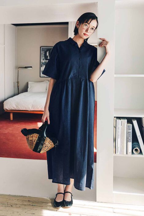 Live in  comfort | 石上美津江 麻混 上品 ワンピース ブルー チェック ネイビー