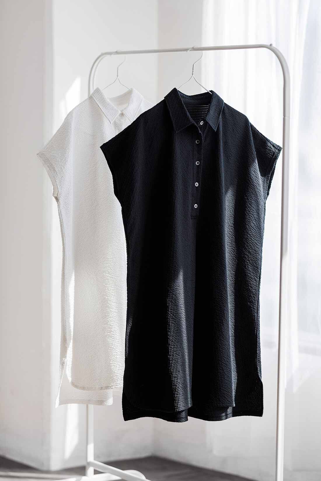 Live in  comfort|リブ イン コンフォート きちんと見えて実は伸びやか ぽこぽこサッカーカットソーのシャツチュニック〈ネイビーストライプ〉|※お届けするカラーとは異なります。