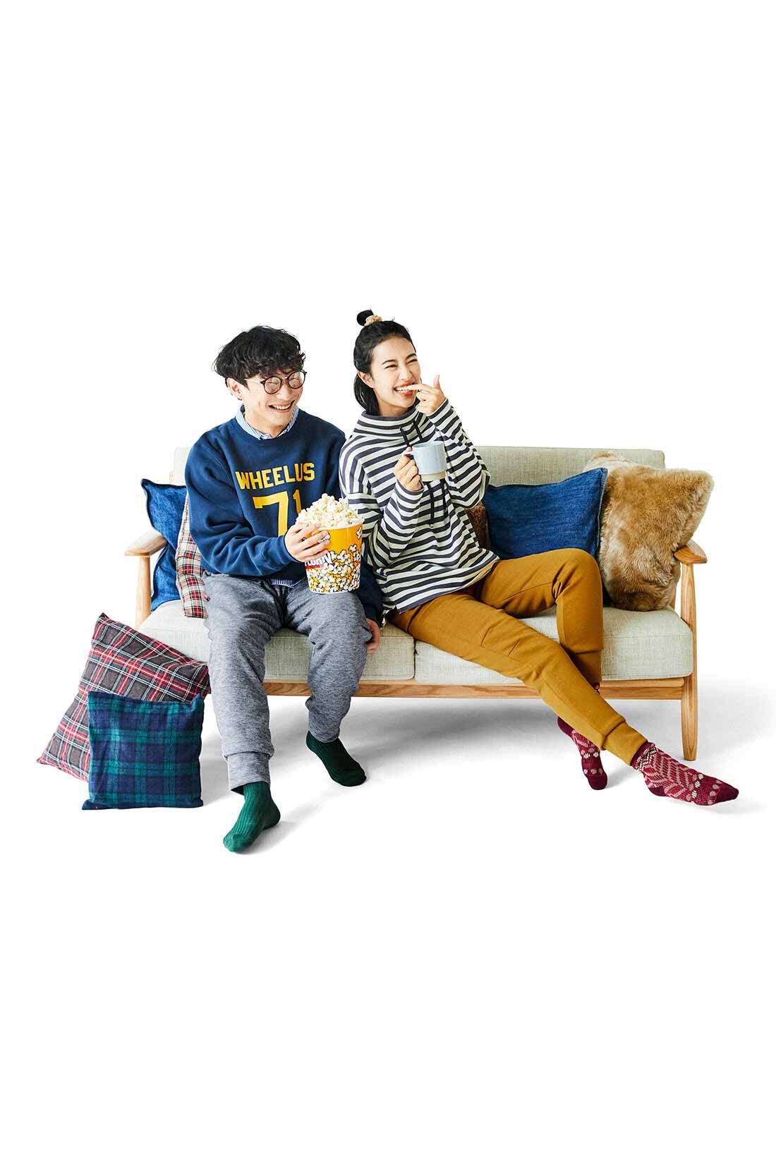 Live in comfort［リブインコンフォート］|Live love cottonプロジェクト リブ イン コンフォート 首もとまでぬくぬく 裏起毛までオーガニックコットン100％のフード風ボーダートップス〈ネイビー×ラベンダー〉