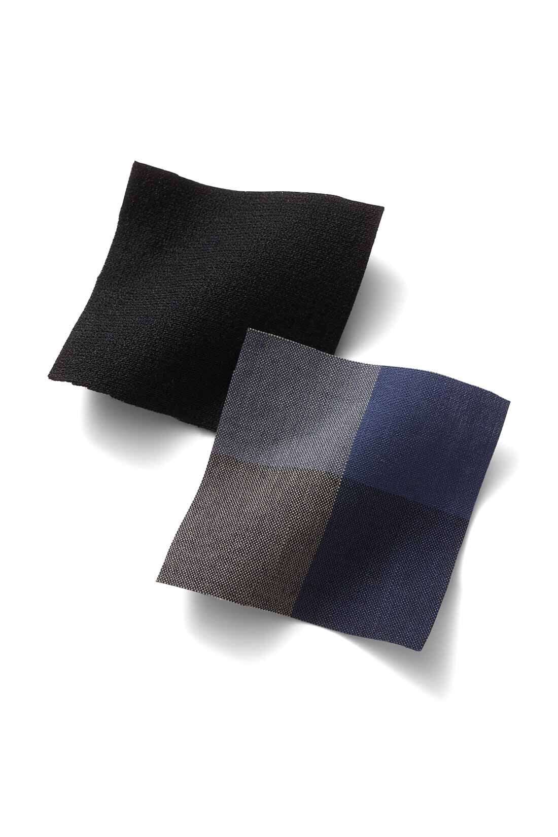 Live in  comfort|リブ イン コンフォート 上品に華やぐ きれいめトップス＆ワンピースセット〈ブラック×ブルーチェック〉|トップスは、上質感たっぷりのポンチ素材。スカート部分は、軽やかな綿100％布はく。シックで華やか！を目指した大きめピッチのチェック柄です。