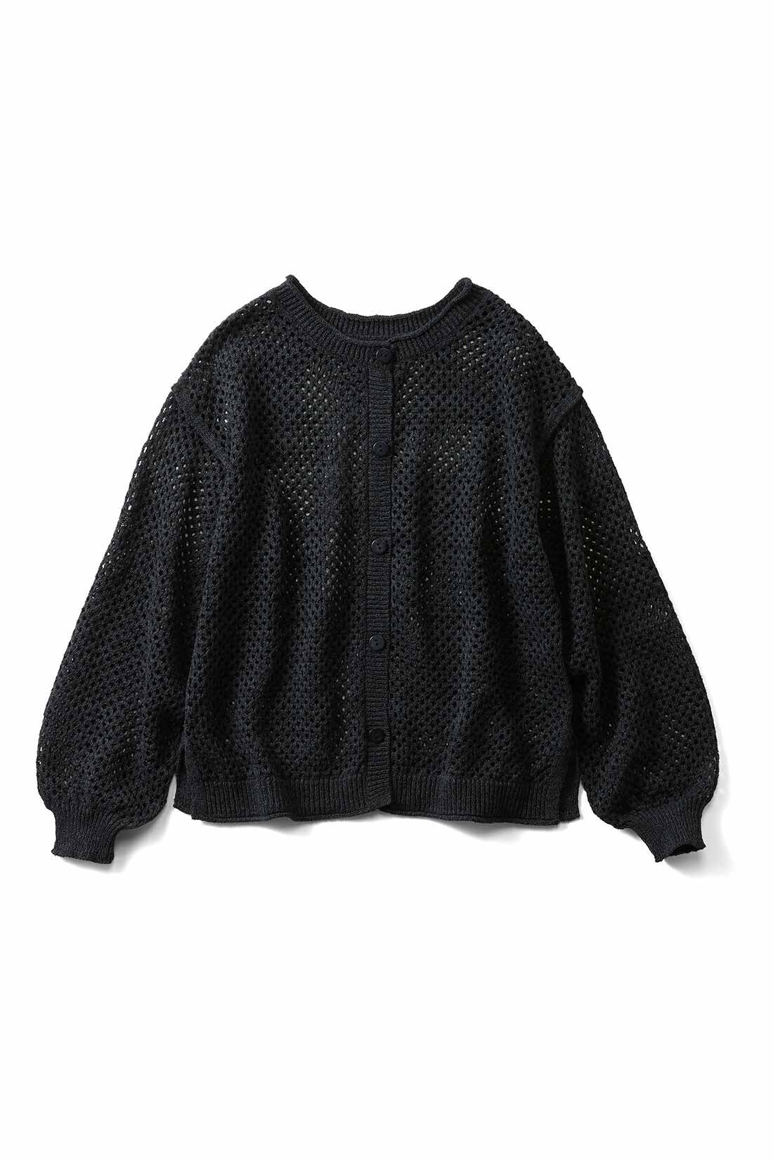 Live in  comfort|リブ イン コンフォート 前後ろ着られる 大人にちょうどいい透かし編み麻混ニットカーディガン〈メランジブラック〉|〈メランジブラック〉