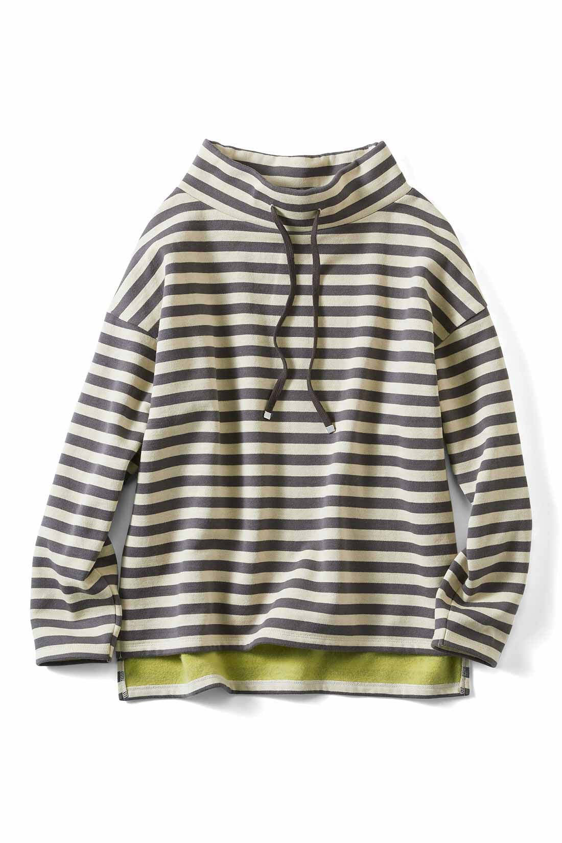 Live in comfort［リブインコンフォート］|Live love cottonプロジェクト リブ イン コンフォート 首もとまでぬくぬく 裏起毛までオーガニックコットン100％のフード風ボーダートップス〈ネイビー×ラベンダー〉